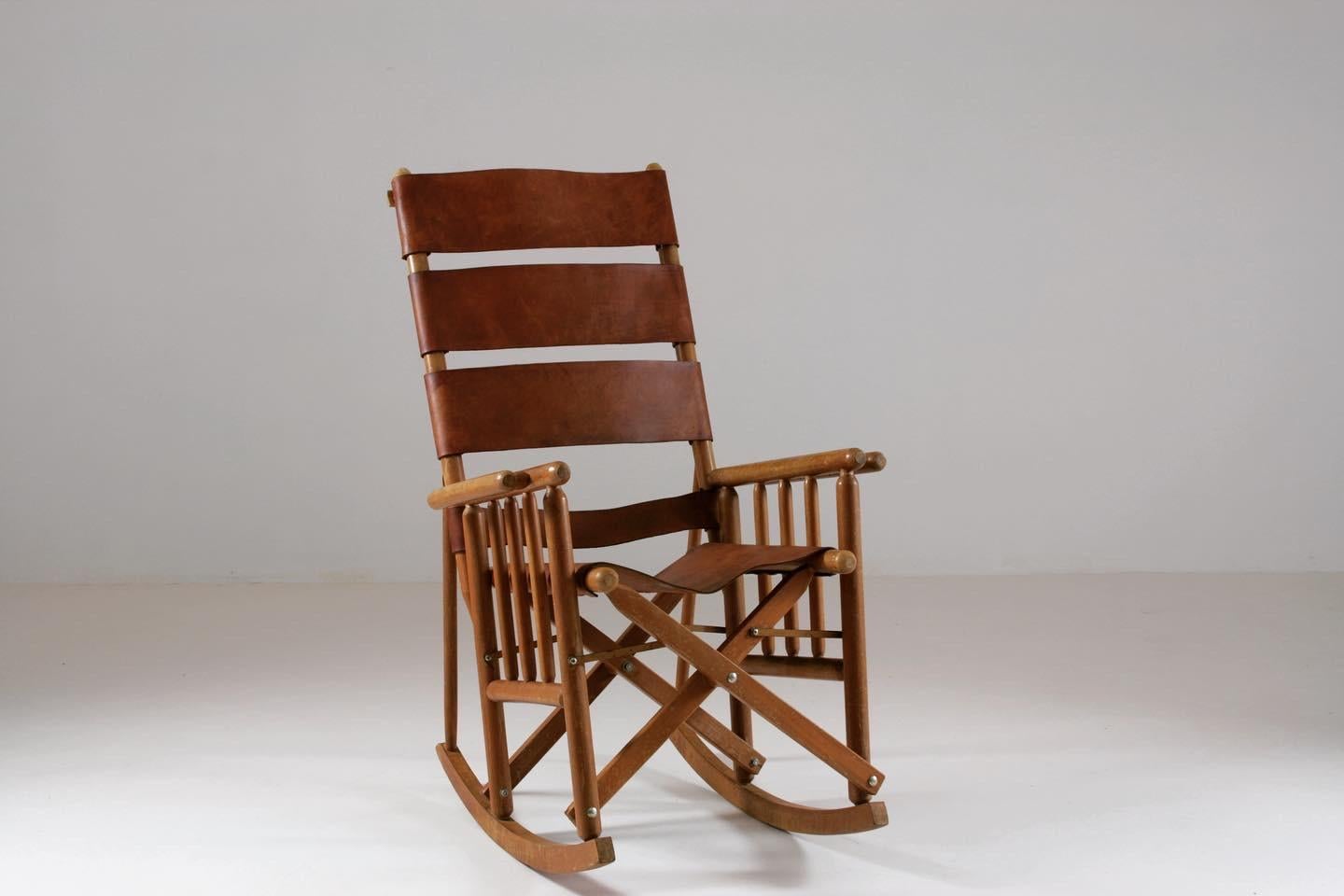 Ecuadorean American Foldable Wood and Leather Rocking Chair, 1960s