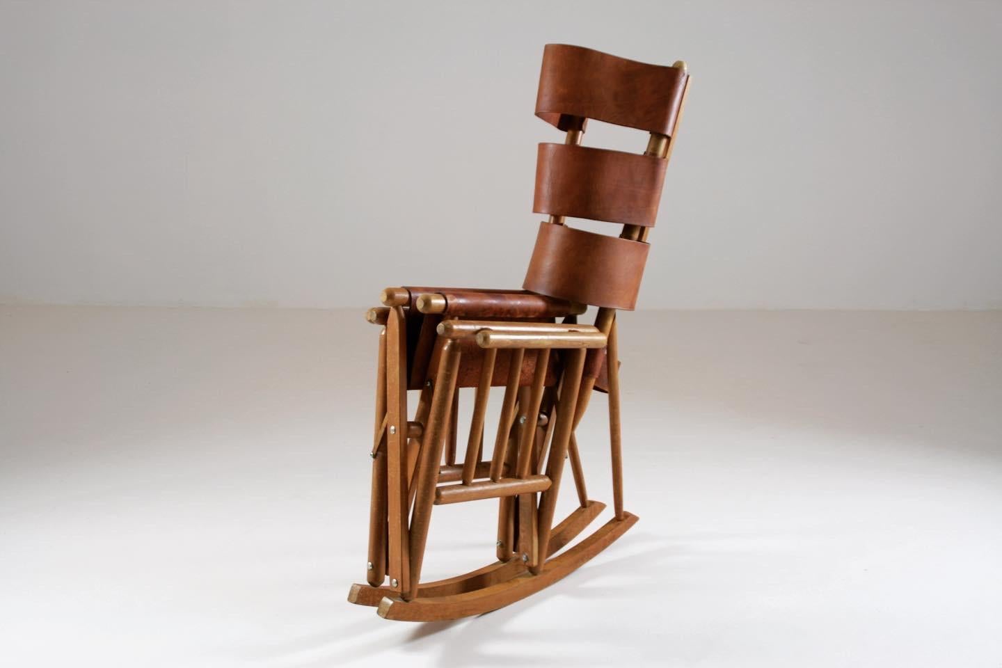 American Foldable Wood and Leather Rocking Chair, 1960s 2