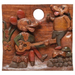 American Folk Art Carved and Painted Cartoon Wood Plaque