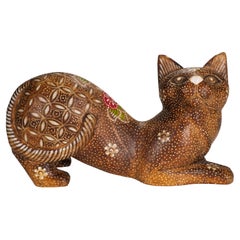 American Folk Art Carved and Painted Wooden Cat Sculpture, Flower Power