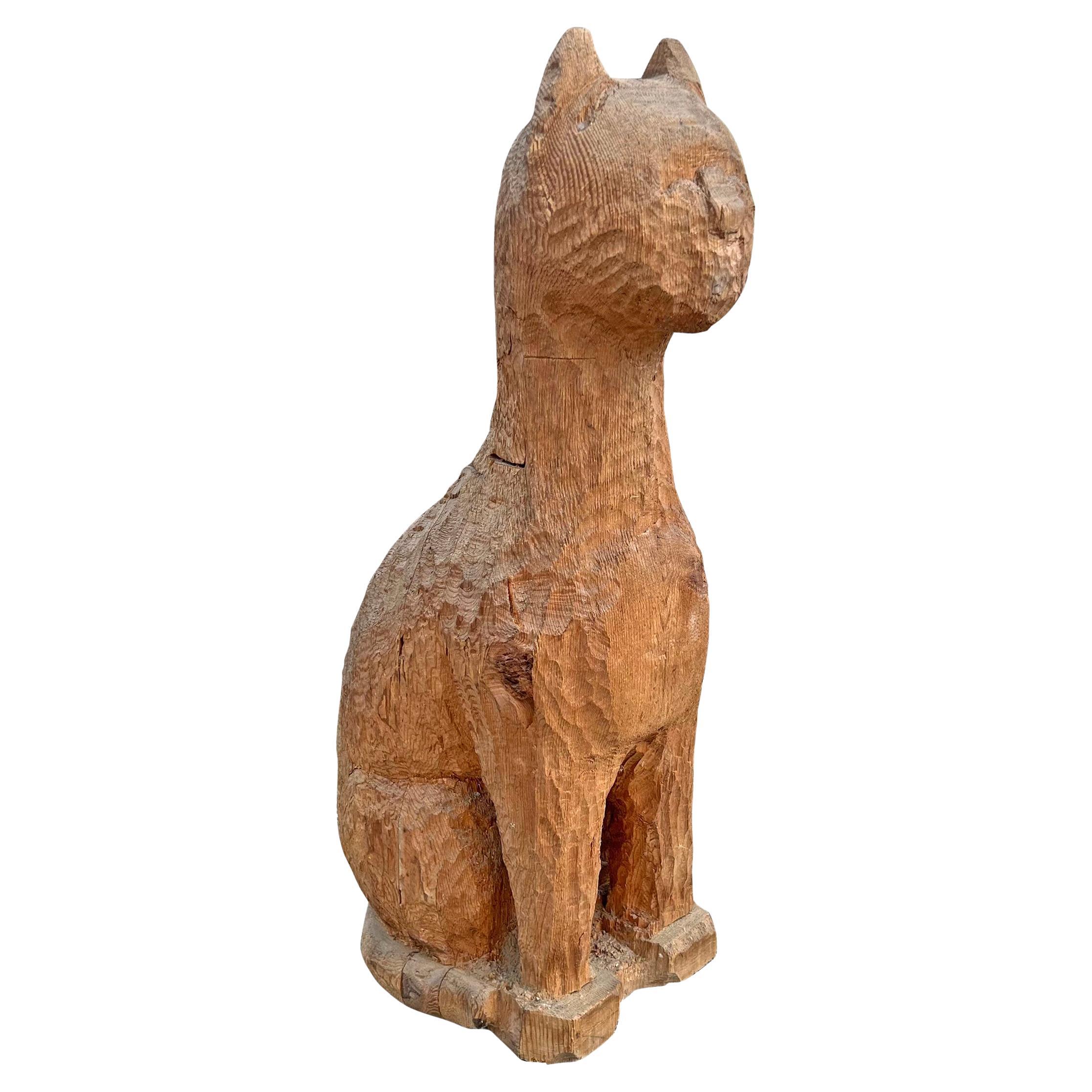 American Folk Art Carved Cat Sculpture For Sale