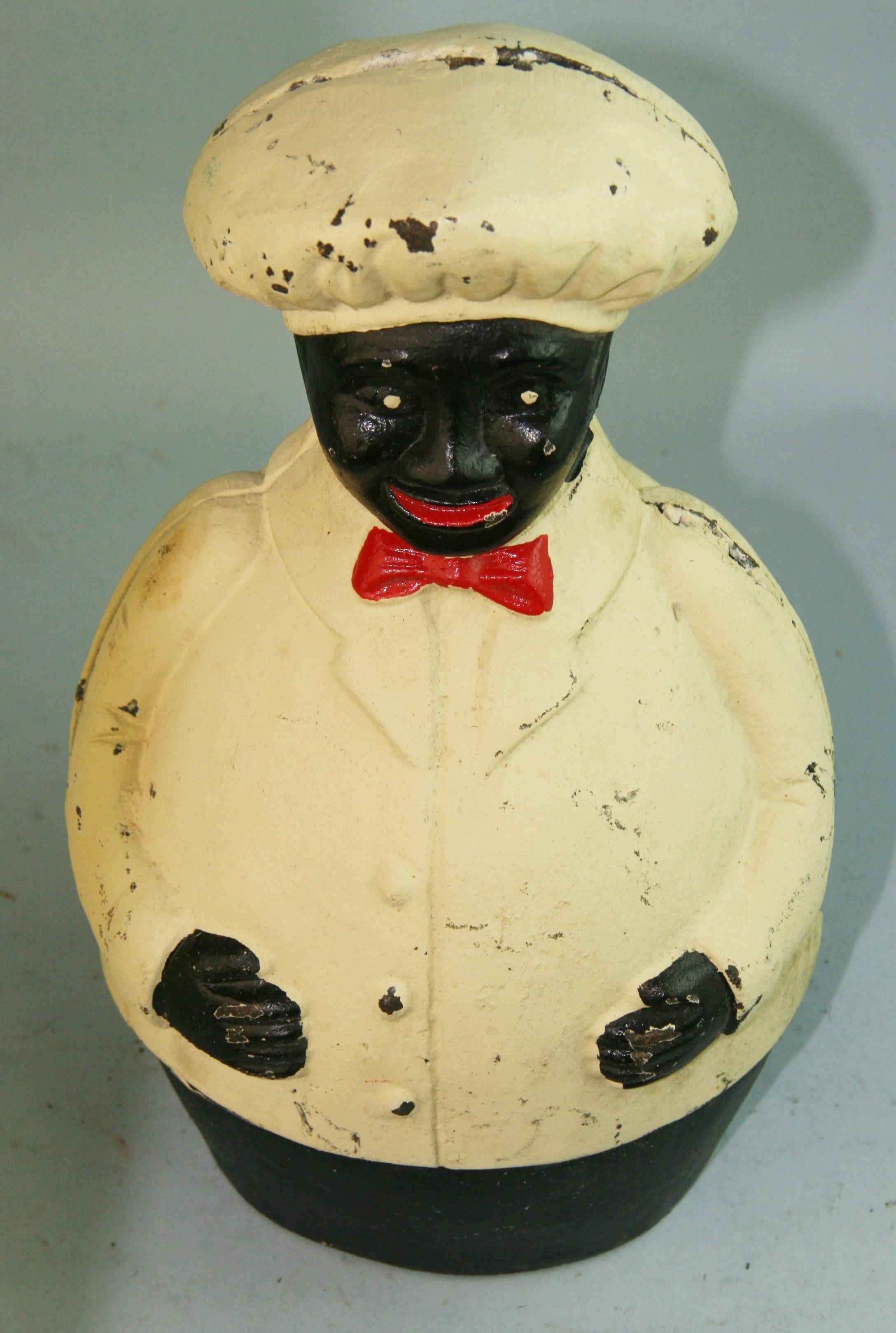 Mid-20th Century American Folk Art Cast Iron Black Face Chef Bank For Sale
