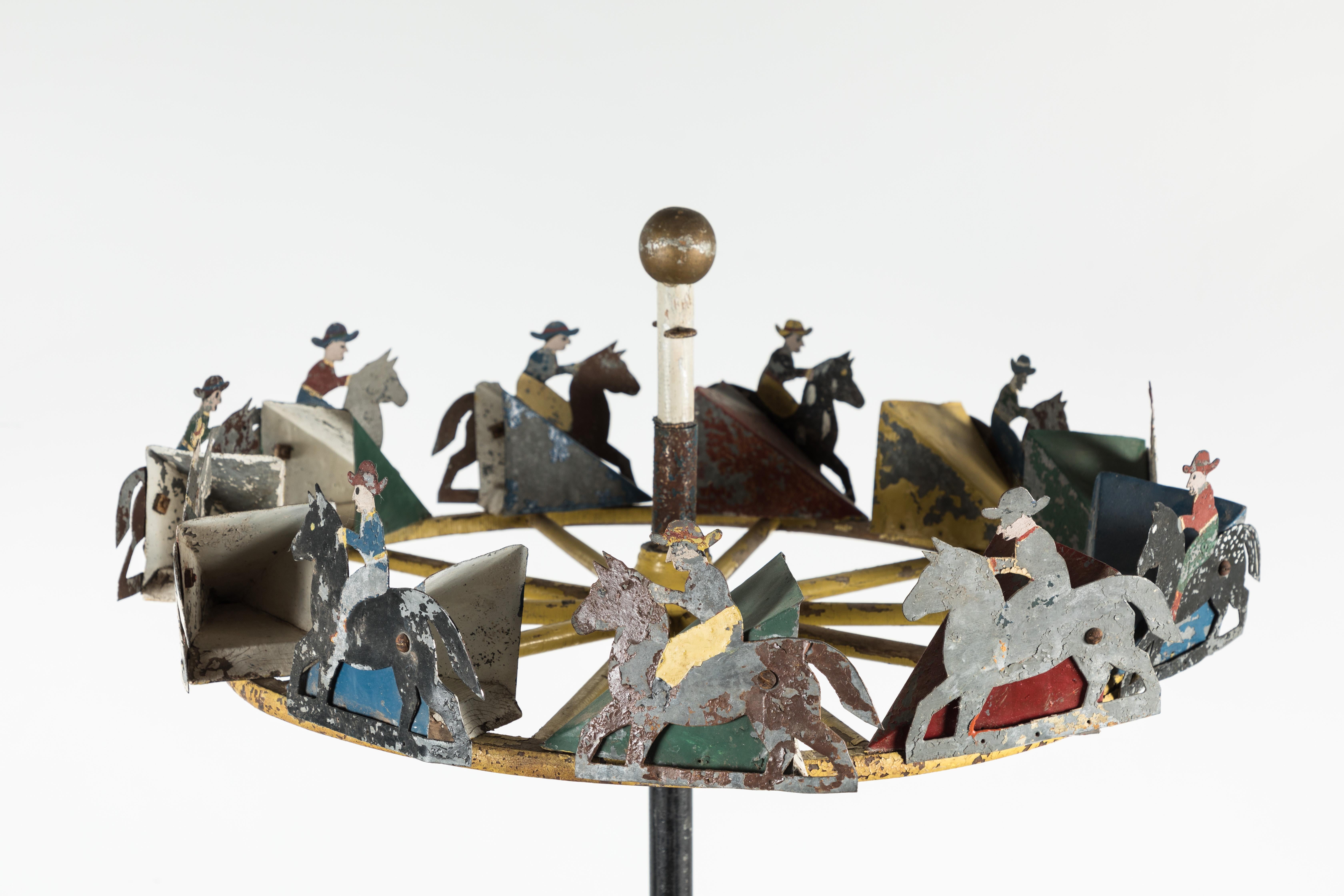 Iron American Folk Art Cowboy and Horse Whirligig For Sale