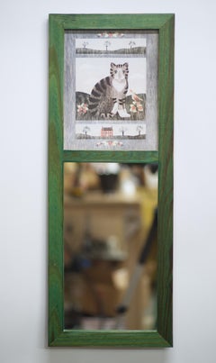 American Folk Art Empire Style Wall Mirror, Painted Wood & Cat Decor