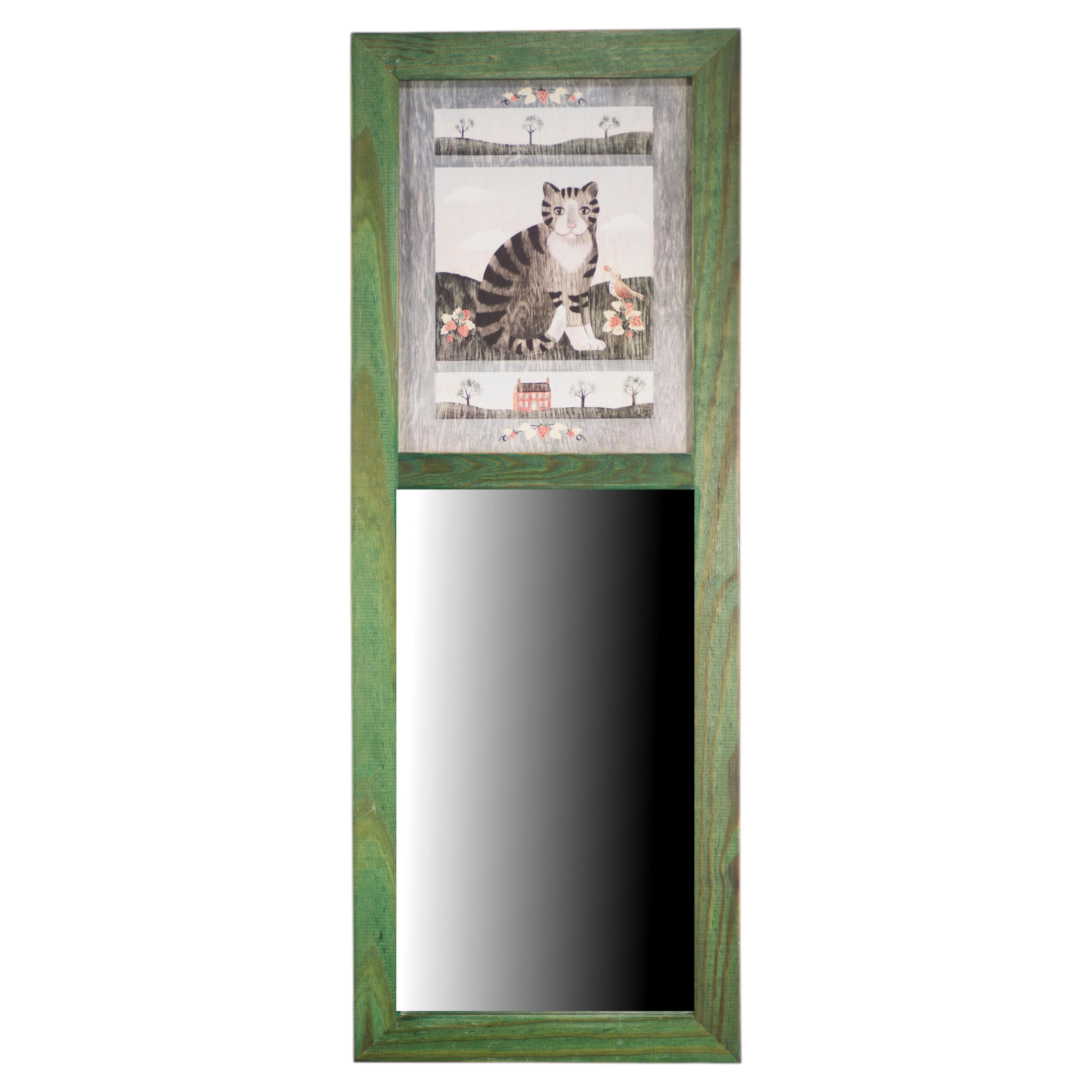 American Folk Art Empire Style Wall Mirror, Painted Wood & Cat Decor For Sale