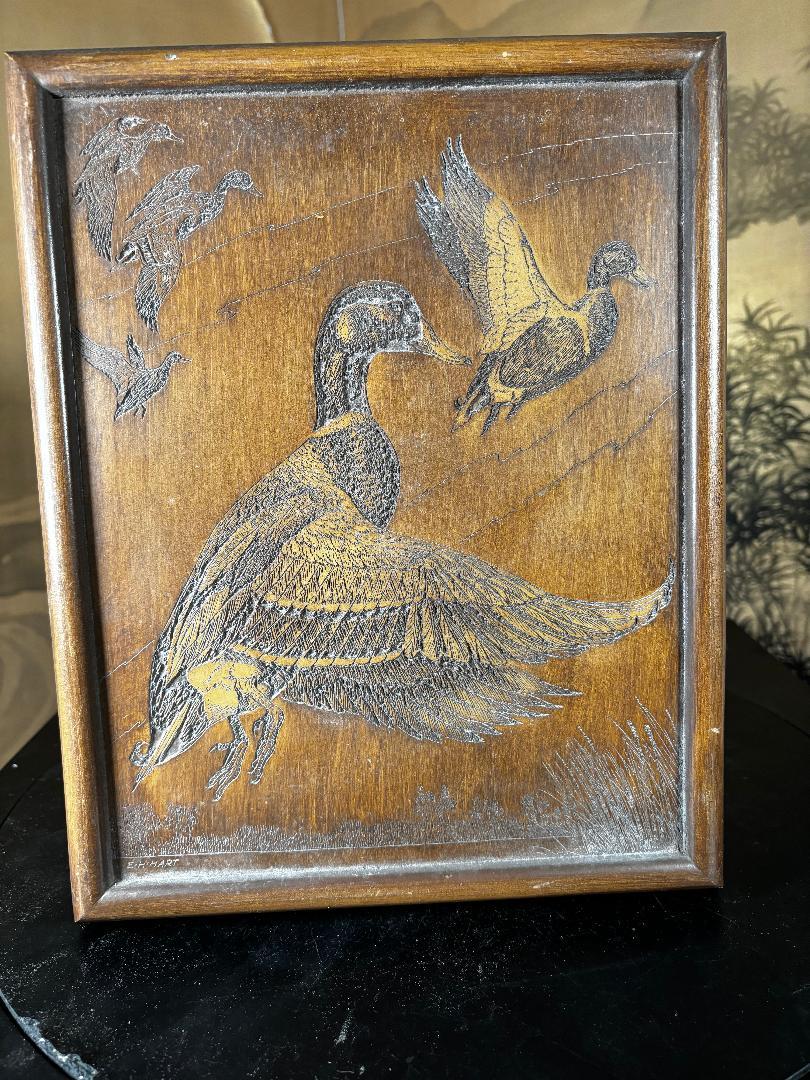 Mid-Century Modern American Folk Art  Five Flying Ducks Signed E.H. Hart For Sale