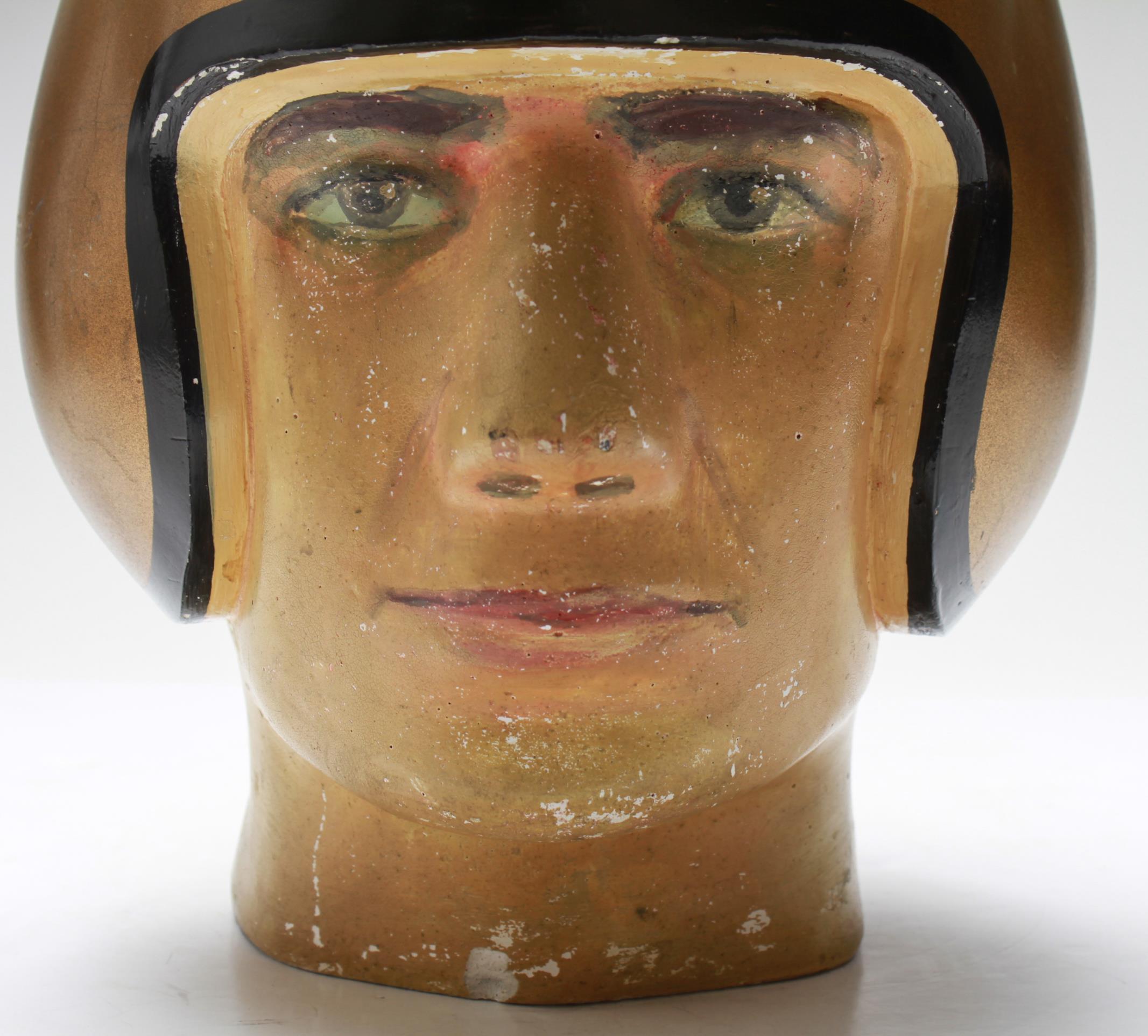 American Folk Art Football Player Bust with Gold-Tone Helmet 1