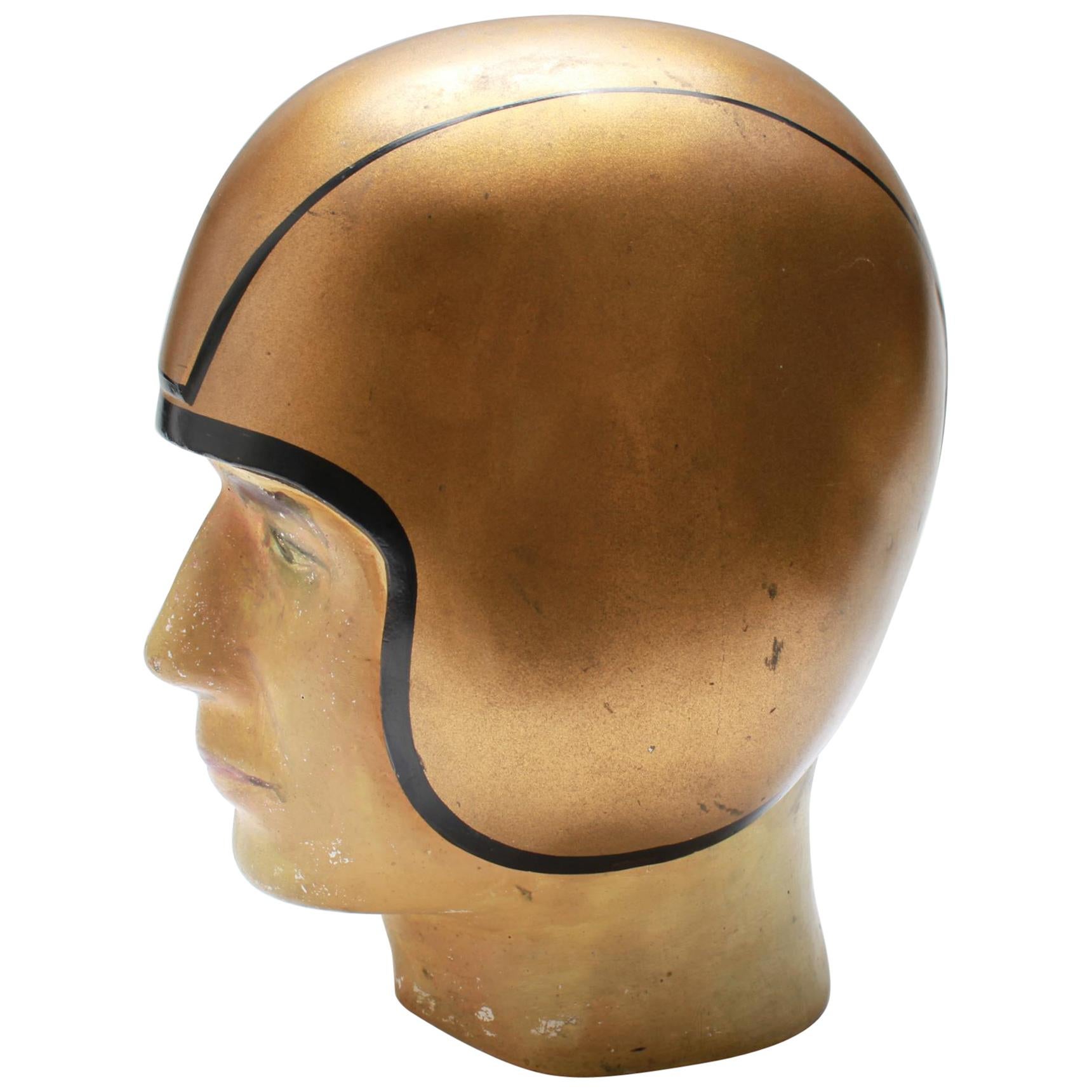 American Folk Art Football Player Bust with Gold-Tone Helmet