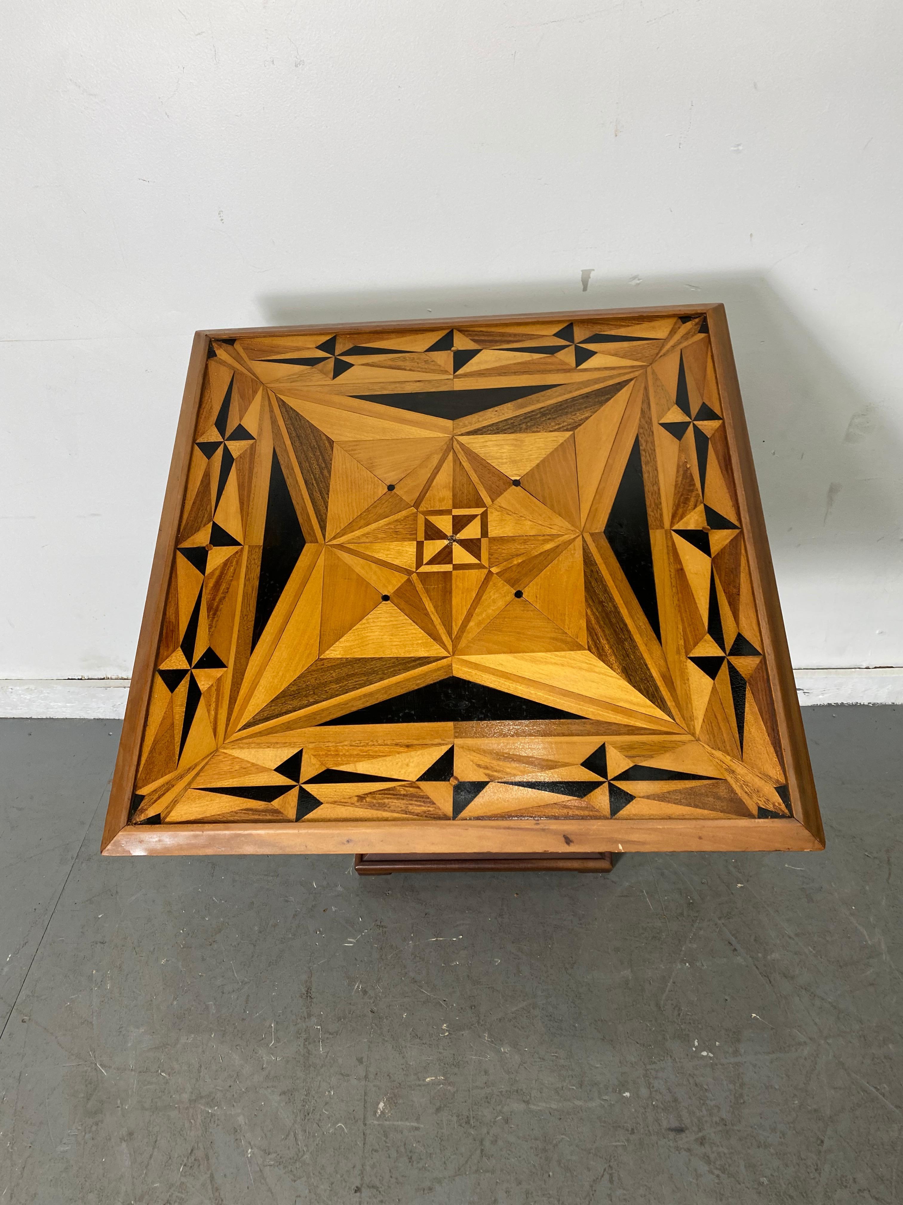 Hand-Crafted American Folk Art Geometric Inlay Marquetry Game Table, Modernist, Art Deco