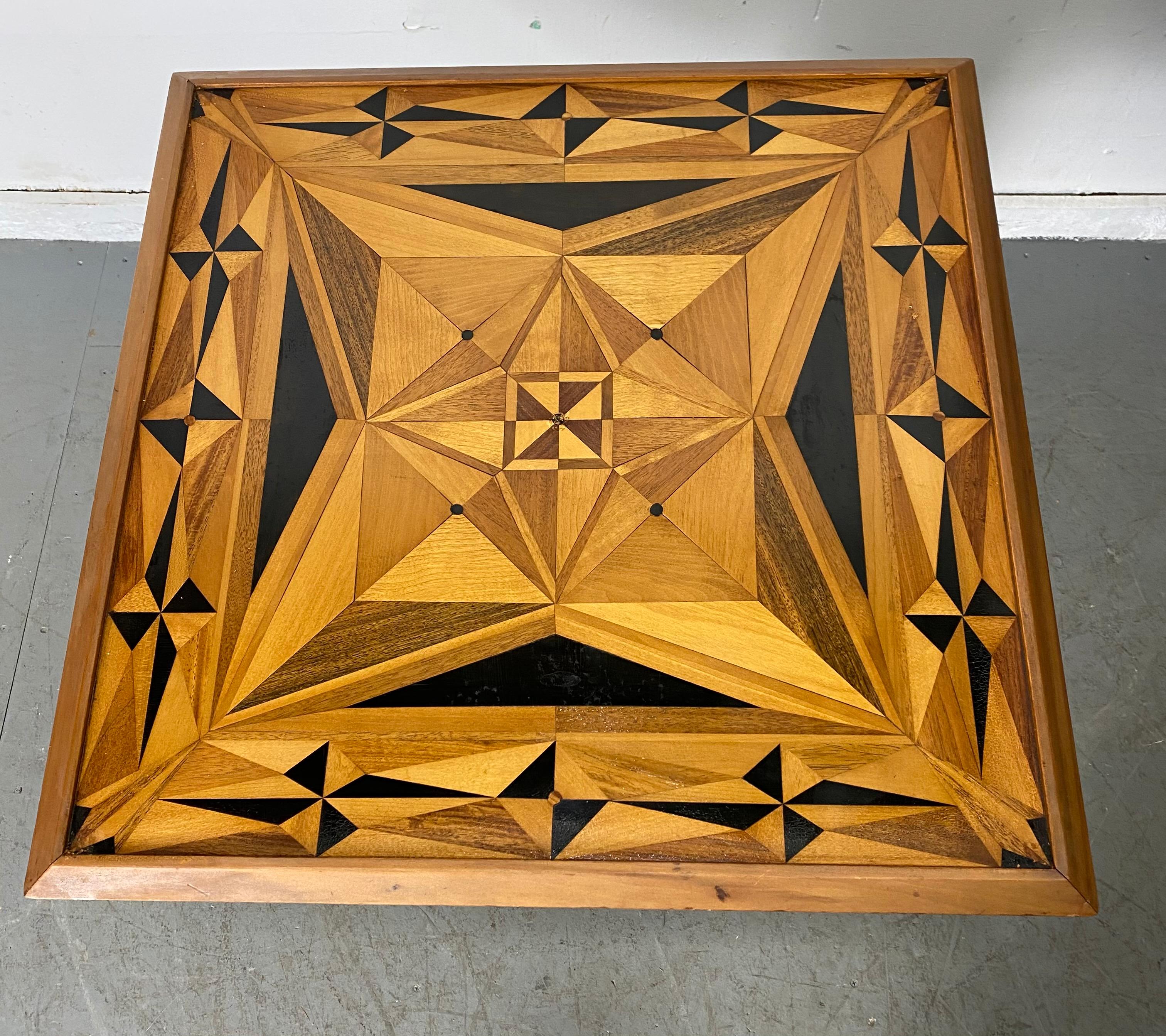 Wood American Folk Art Geometric Inlay Marquetry Game Table, Modernist, Art Deco