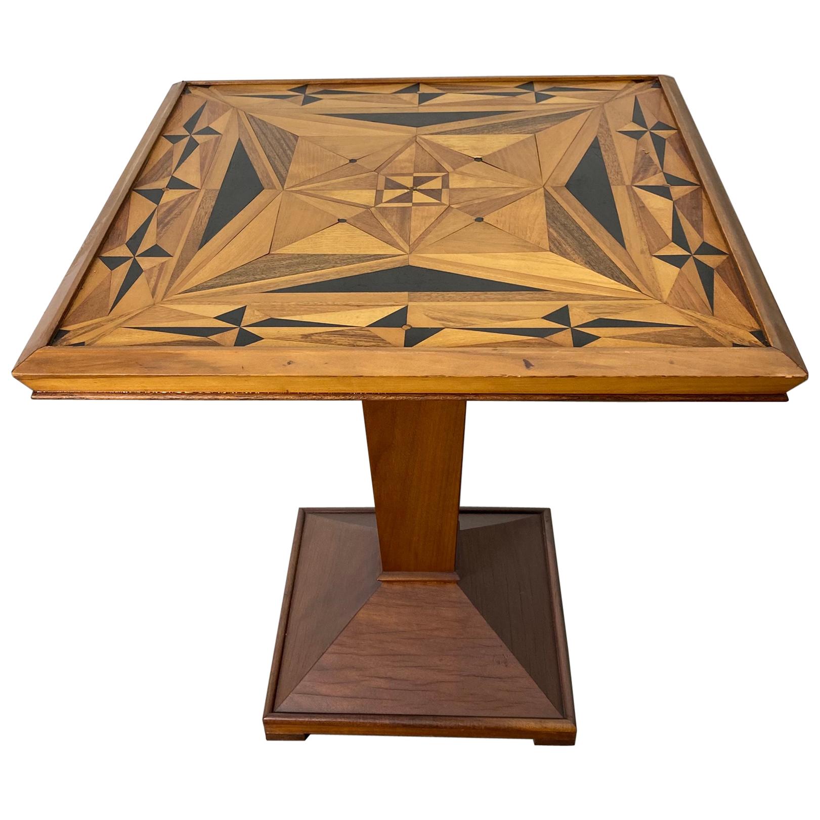 American Folk Art Geometric Inlay Marquetry Game Table, Modernist, Art Deco