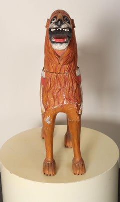 American Folk Art Hand-Carved and Painted Solid Pine Stationary Standing Lion