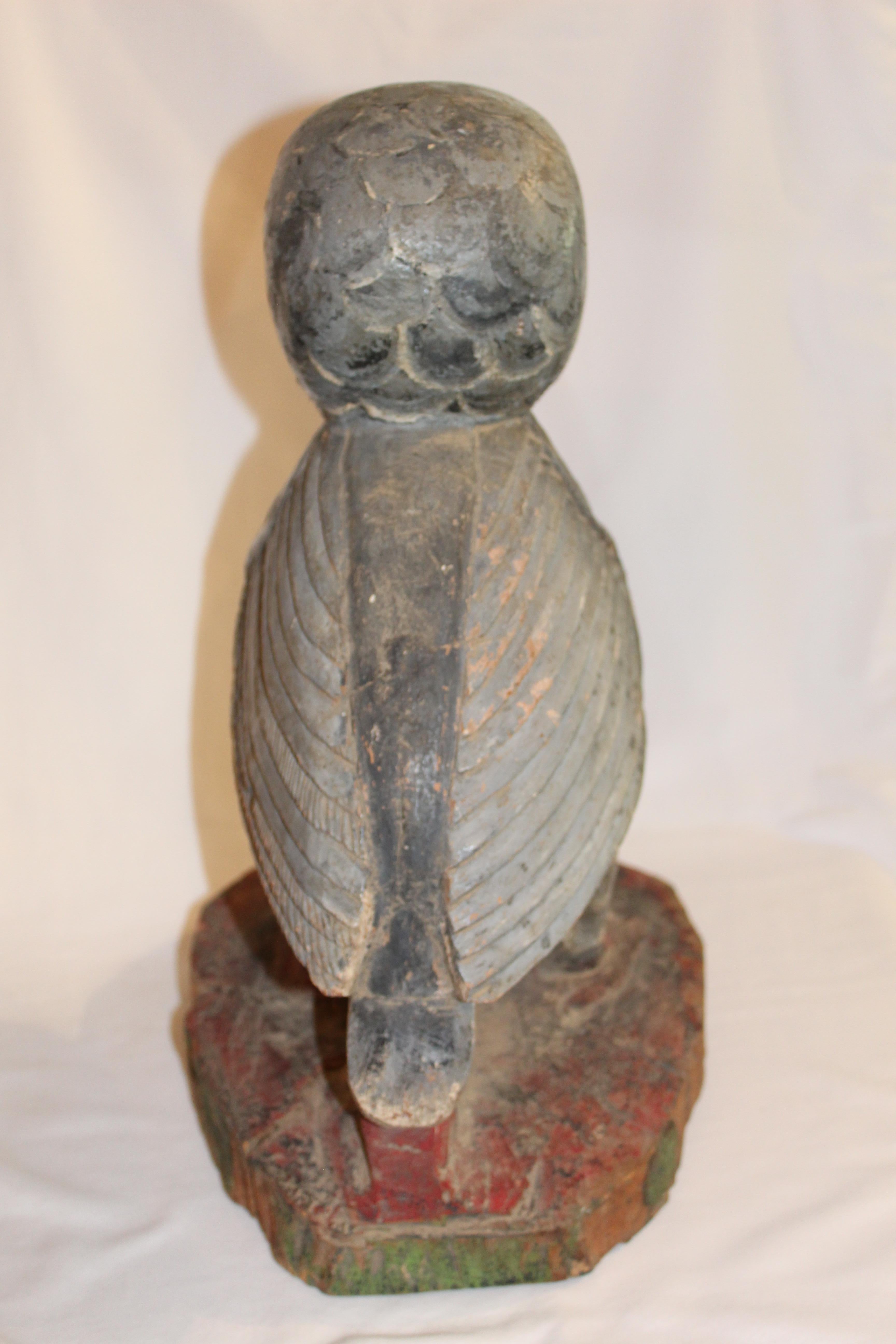 American Folk Art - Hand Crafted  Wooden Owl Statuette 15'' tall  For Sale 9