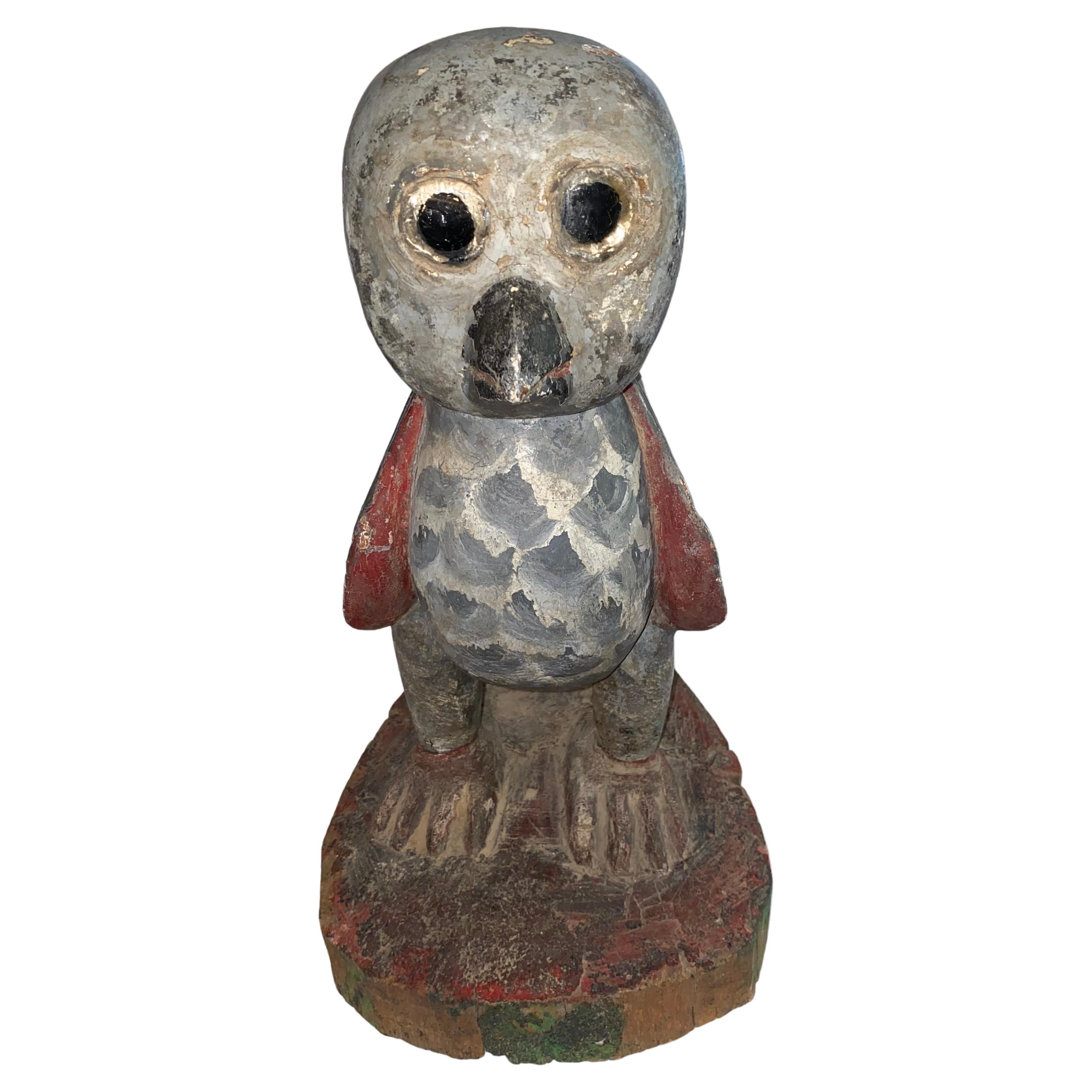 American Folk Art - Hand Crafted  Wooden Owl Statuette 15'' tall  For Sale