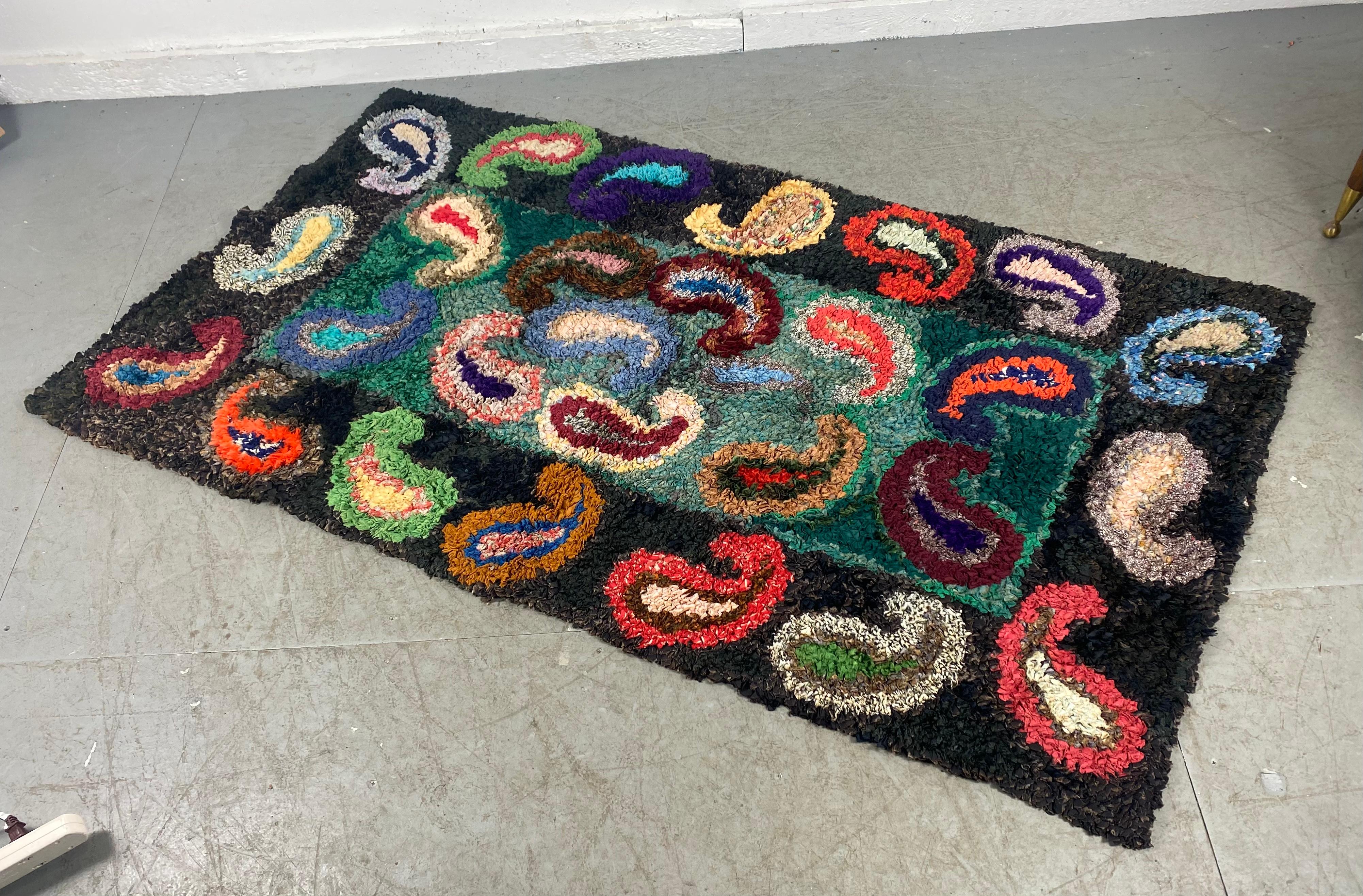 Amazing Folk Art American hook rug, wall hanging. Multi-color repeating paisley. Stunning black background. Amazing, whimsical piece of art.