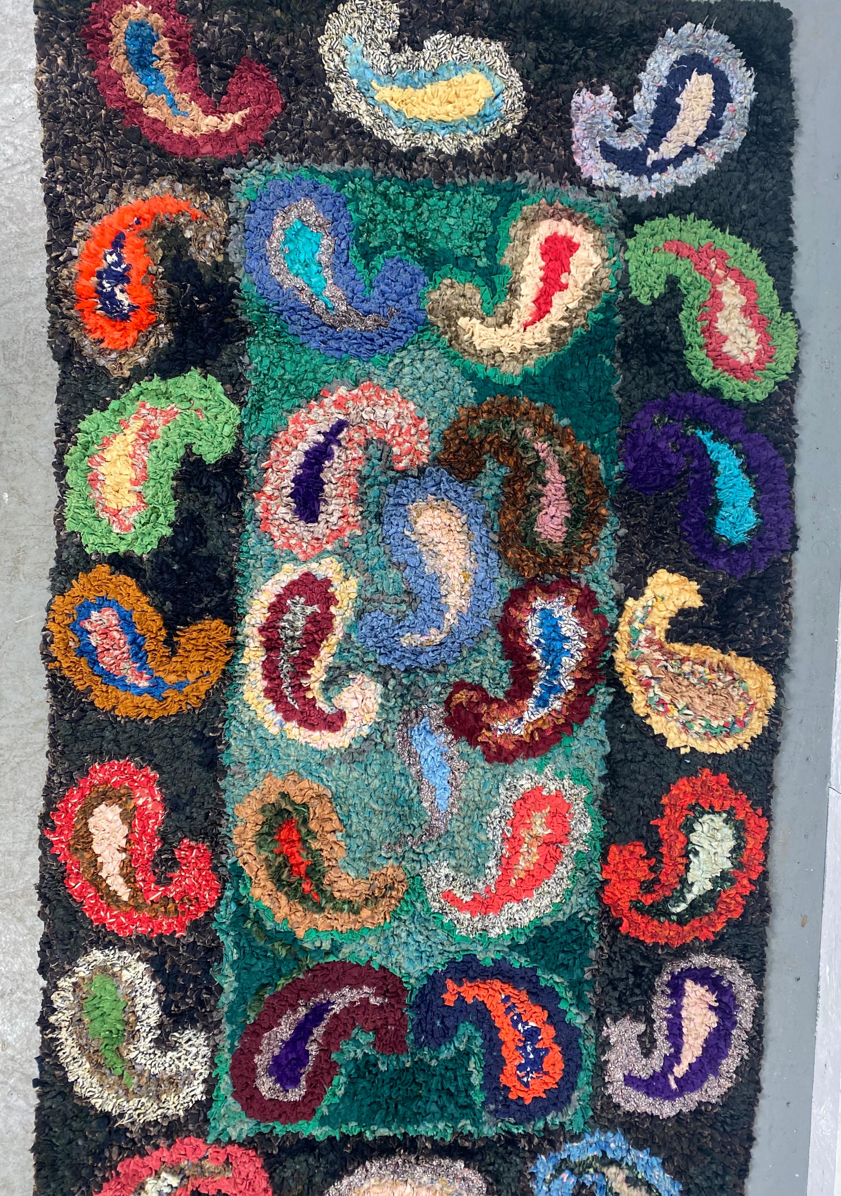 20th Century American Folk Art Hook Rug, Wall Hanging, Multi-Color Paisley Design For Sale