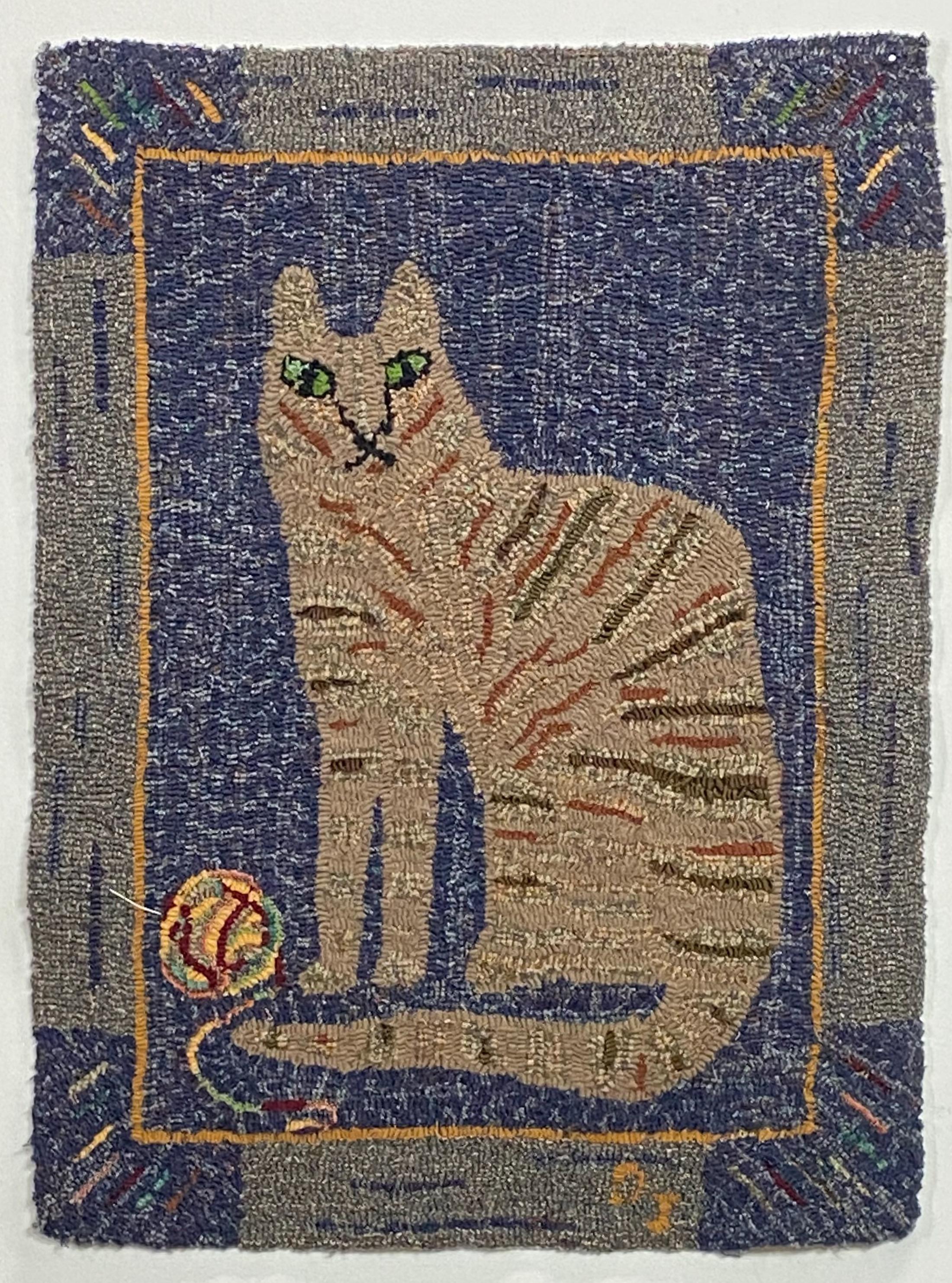 Charming antique Folk Art hooked rug or wall hanging of an expressive cat with a ball of yarn.
American, early 20th century.
Overall good condition, there are 3 loop missing in the initials in the lower right and a number of loops missing in the