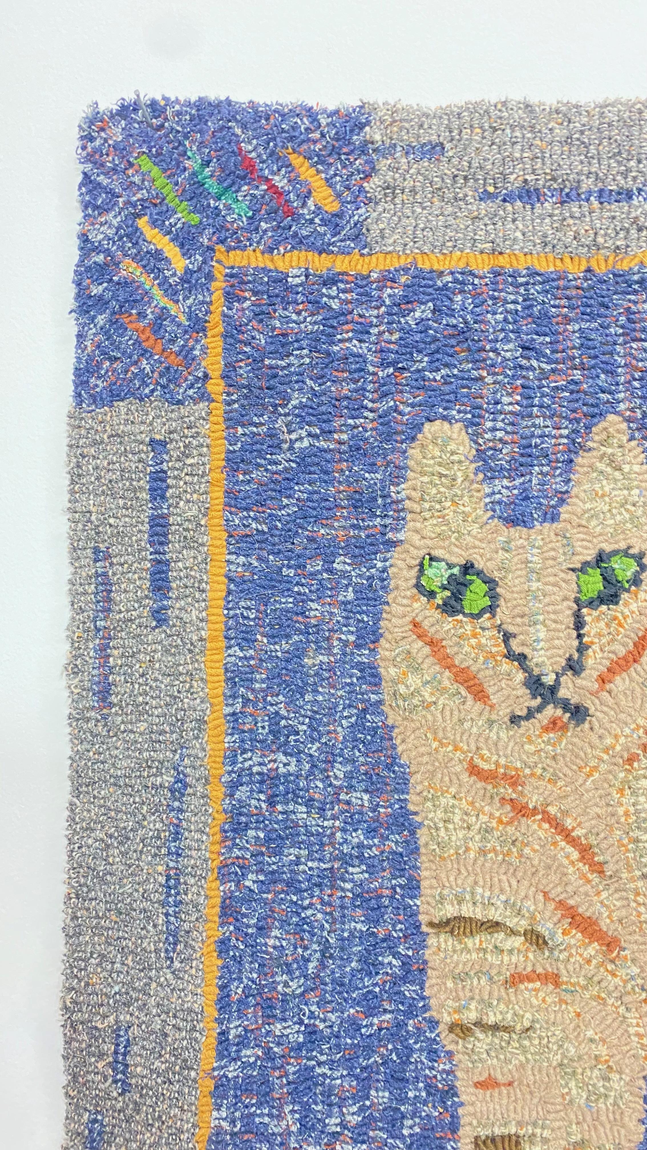 Hand-Crafted American Folk Art Hooked Rag Rug of a Cat, Early 20th Century