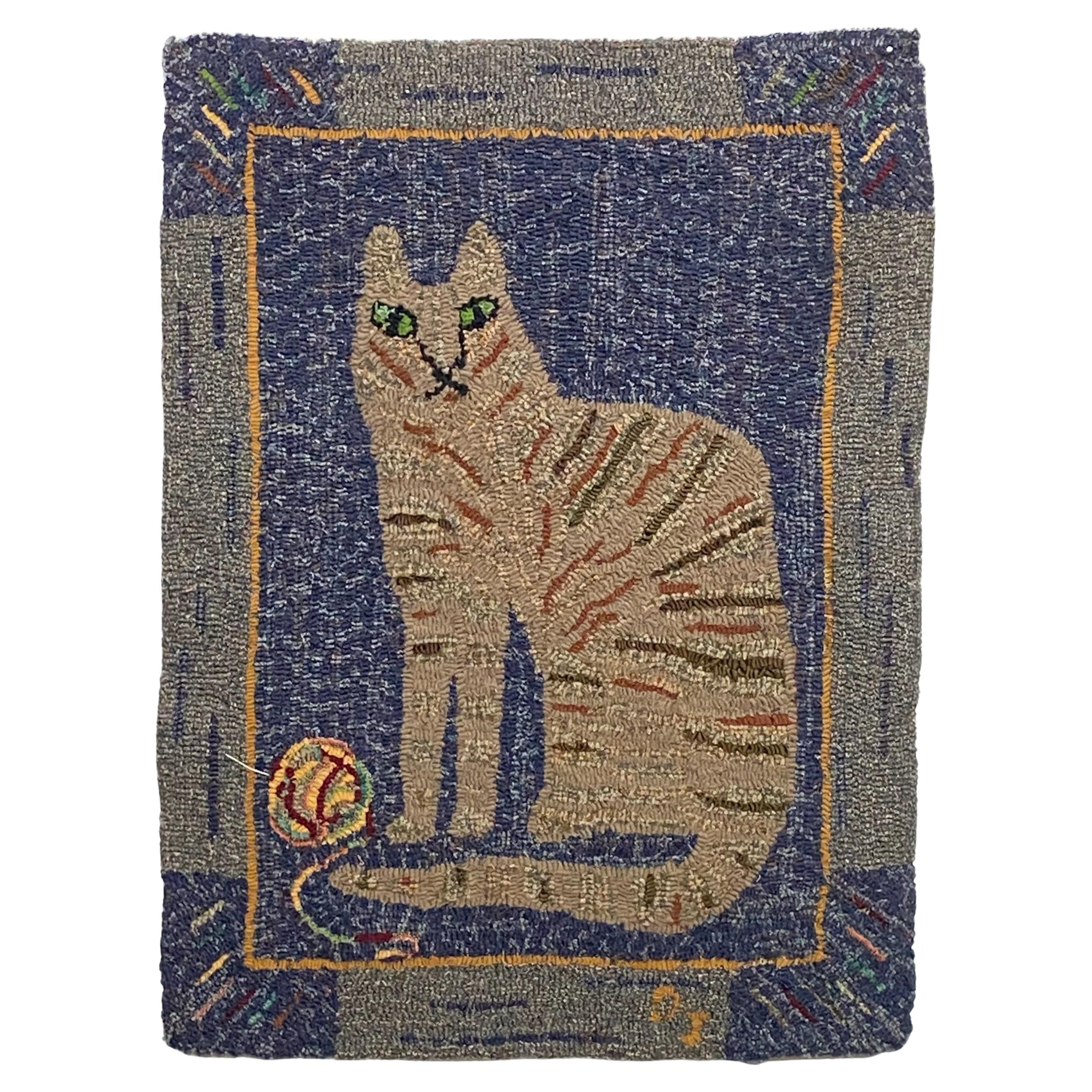 American Folk Art Hooked Rag Rug of a Cat, Early 20th Century