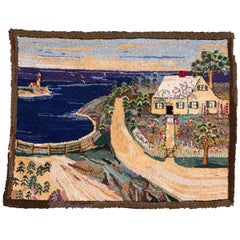 American Folk Art Hooked Rug Depicting a Coastal Scene, Early 20th Century
