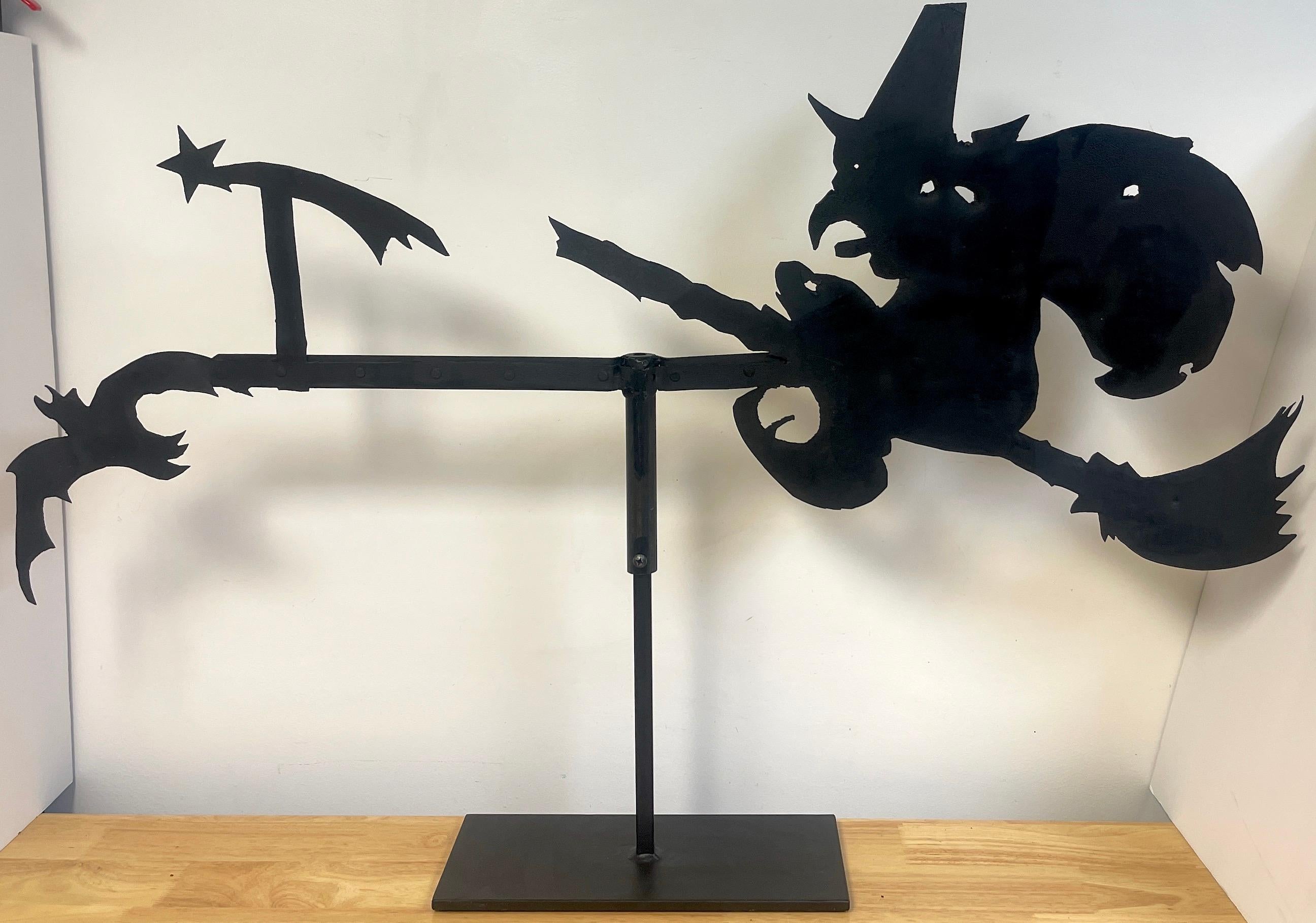 American folk Art iron fying witch & bat motif Weathervane, Museum Mounted 
A fine example of Americana, a large scale vignette of a Witch flying on her broom, a shooting star and bat. Complete with 'Happy Hour' five bullet holes, Its been