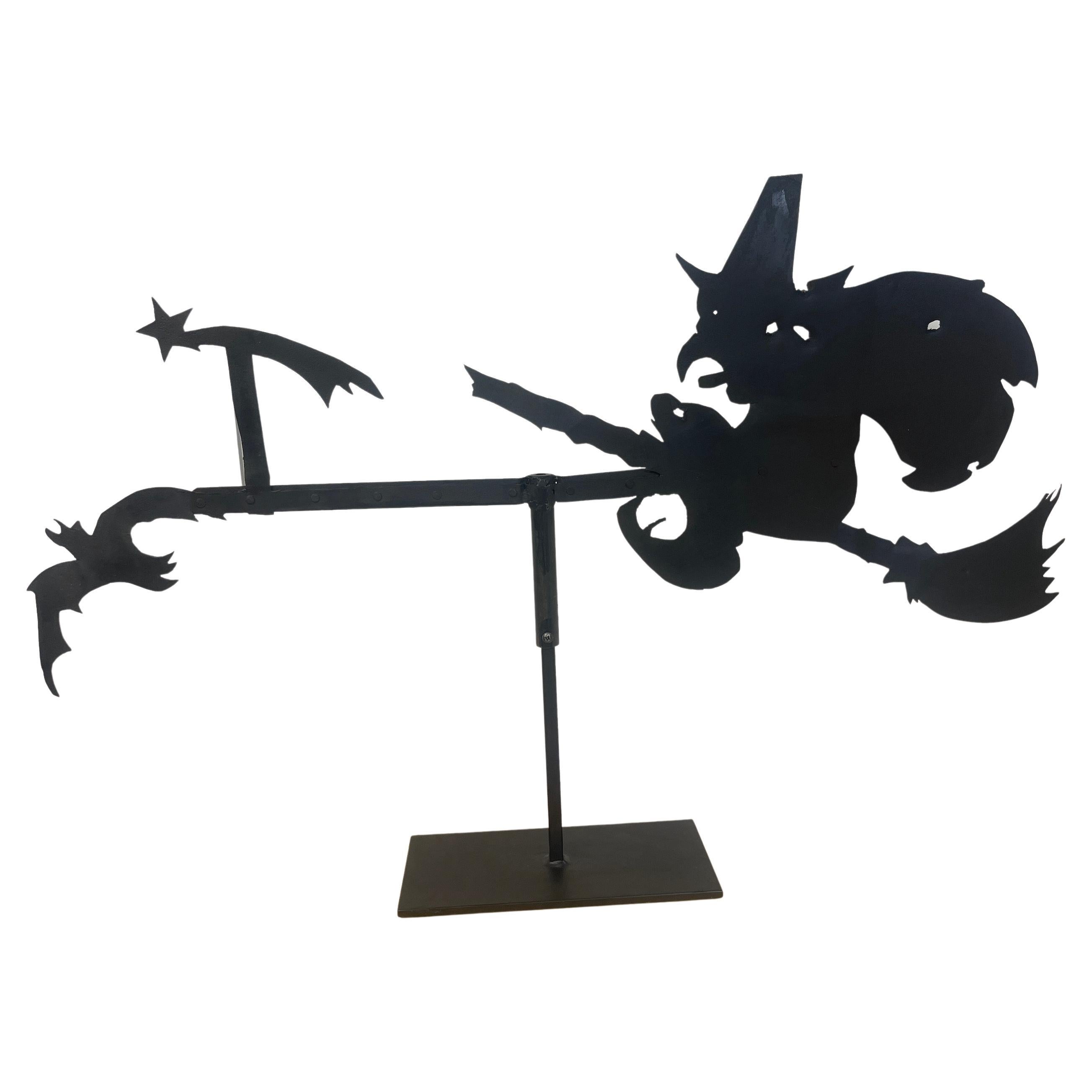 American Folk Art Iron Flying Witch & Bat Motif Weathervane, Museum Mounted