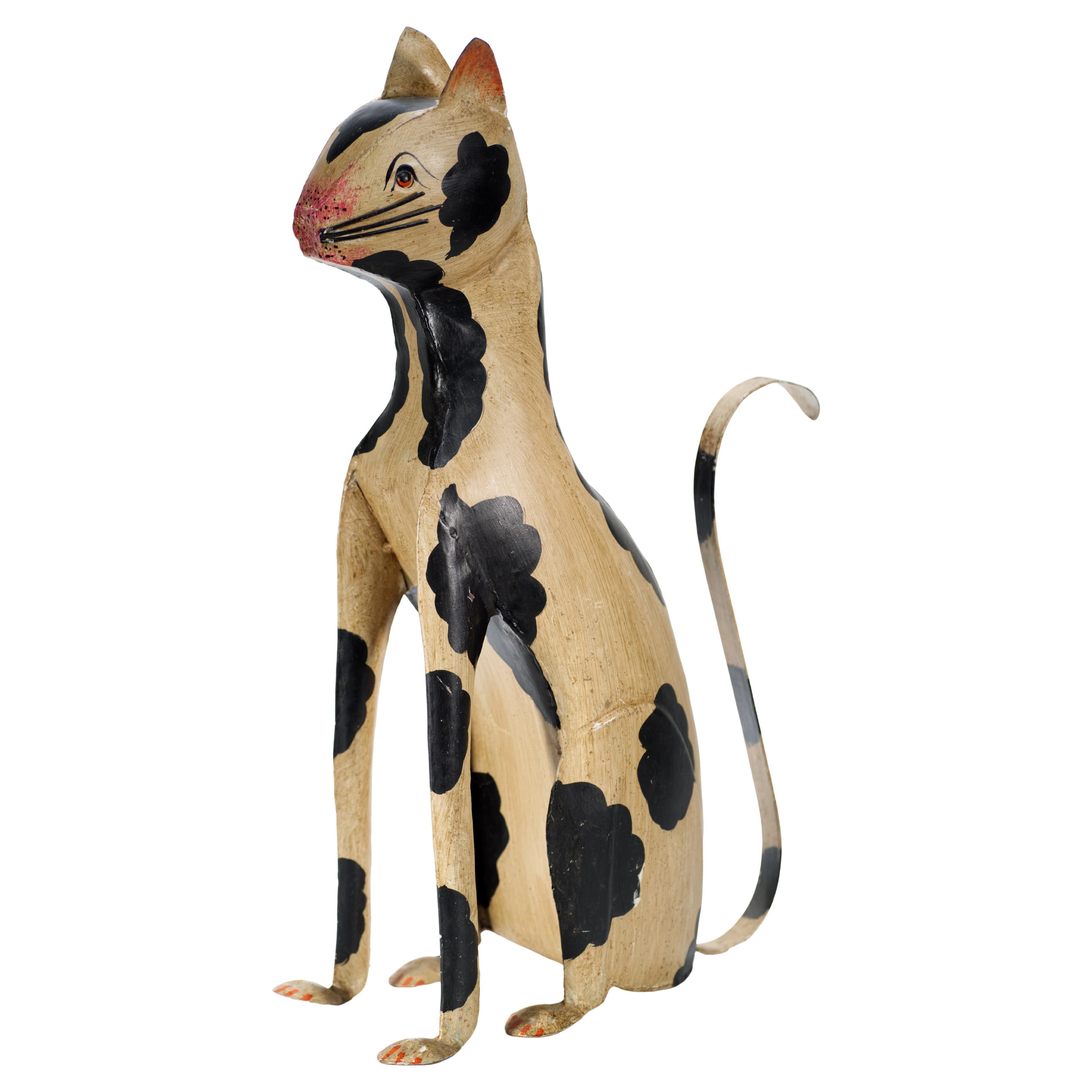 Statua di gatto seduto in ferro battuto dipinta di grandi dimensioni (American Folk Art) anni
50-
70