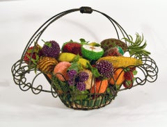 American Folk Art Metal Basket of Beaded Fruit, Early 20th Century