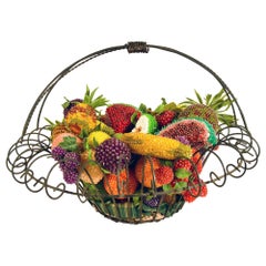 Vintage American Folk Art Metal Basket of Beaded Fruit, Basket, Early 20th Century