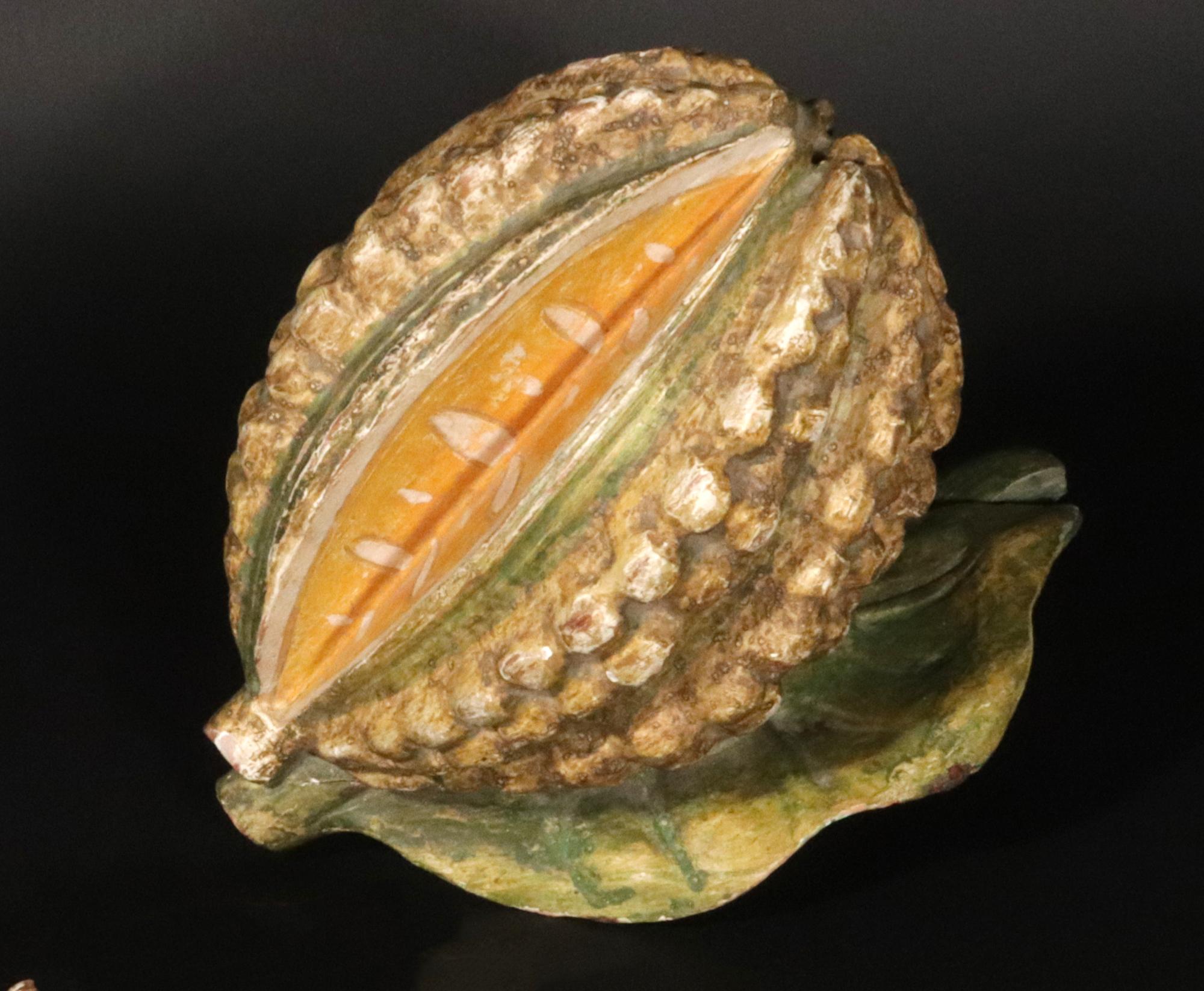 Arte popolare Modello di arte popolare americana di un baccello di cacao e delle sue foglie