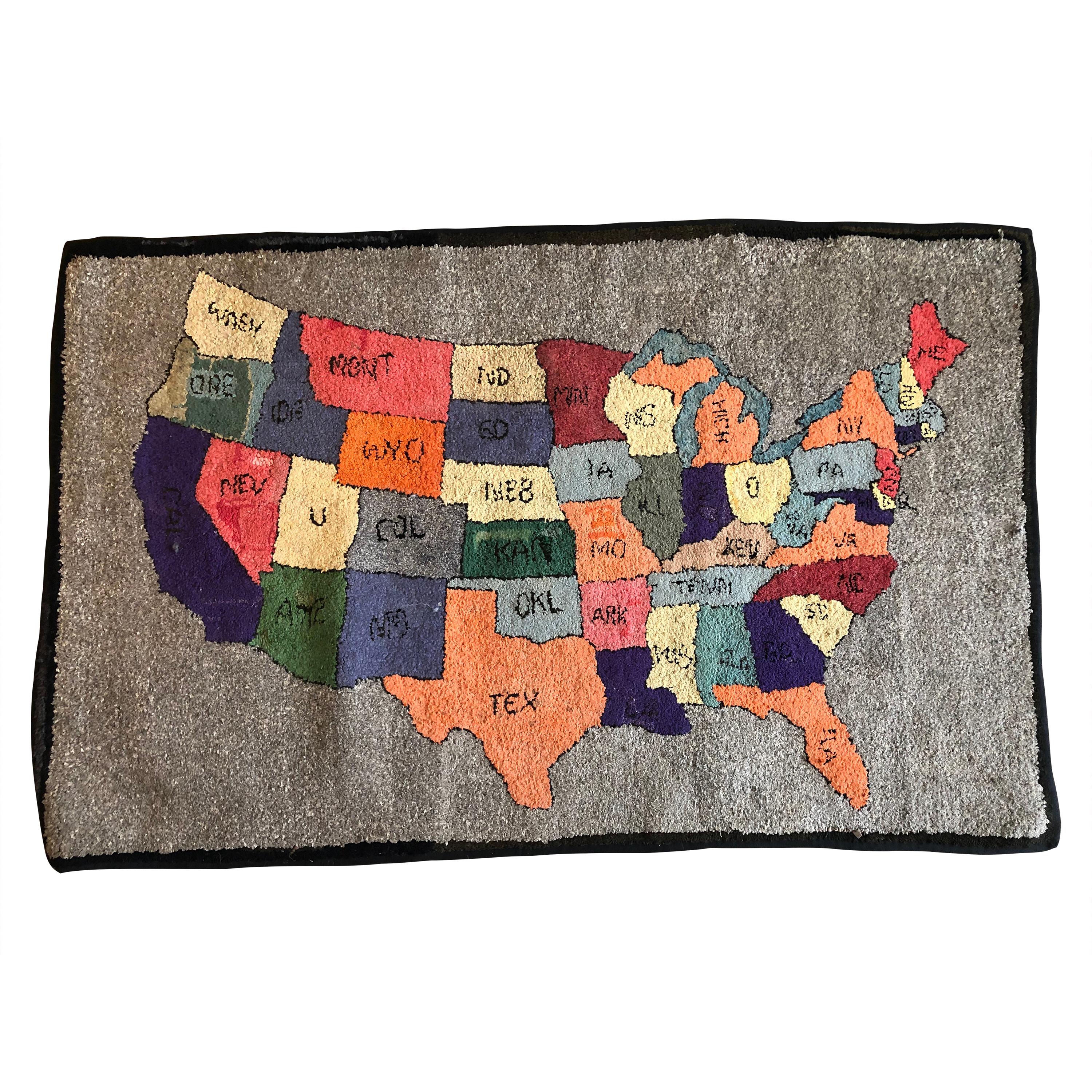 American Folk Art Multicolored Hooked Rug of the Continental United States