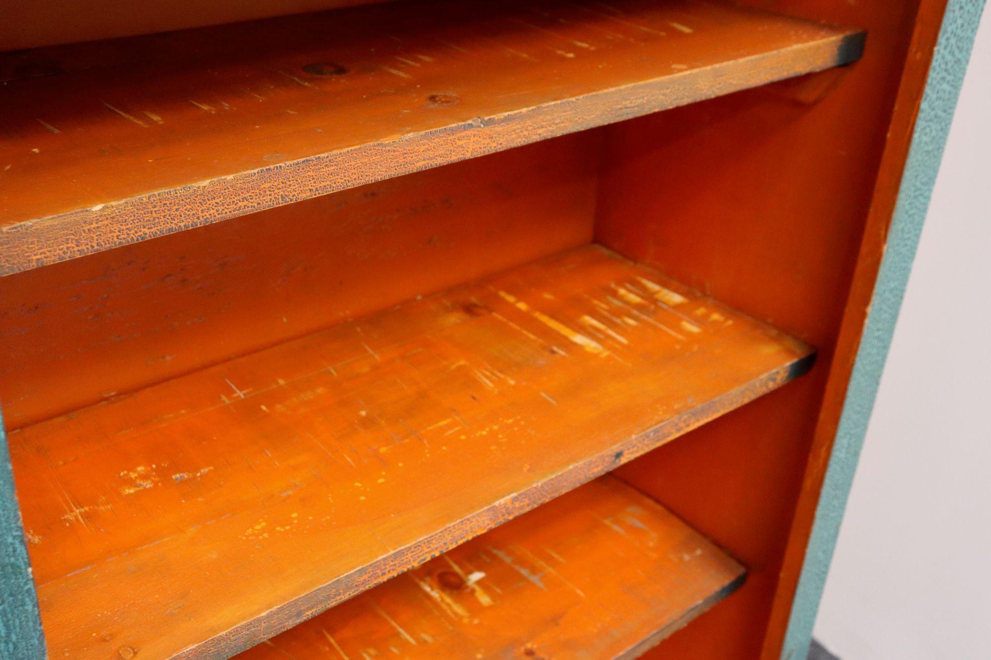 American Folk Art Painted Pine Teal Bookcase on Casters with Removable Shelves For Sale 11