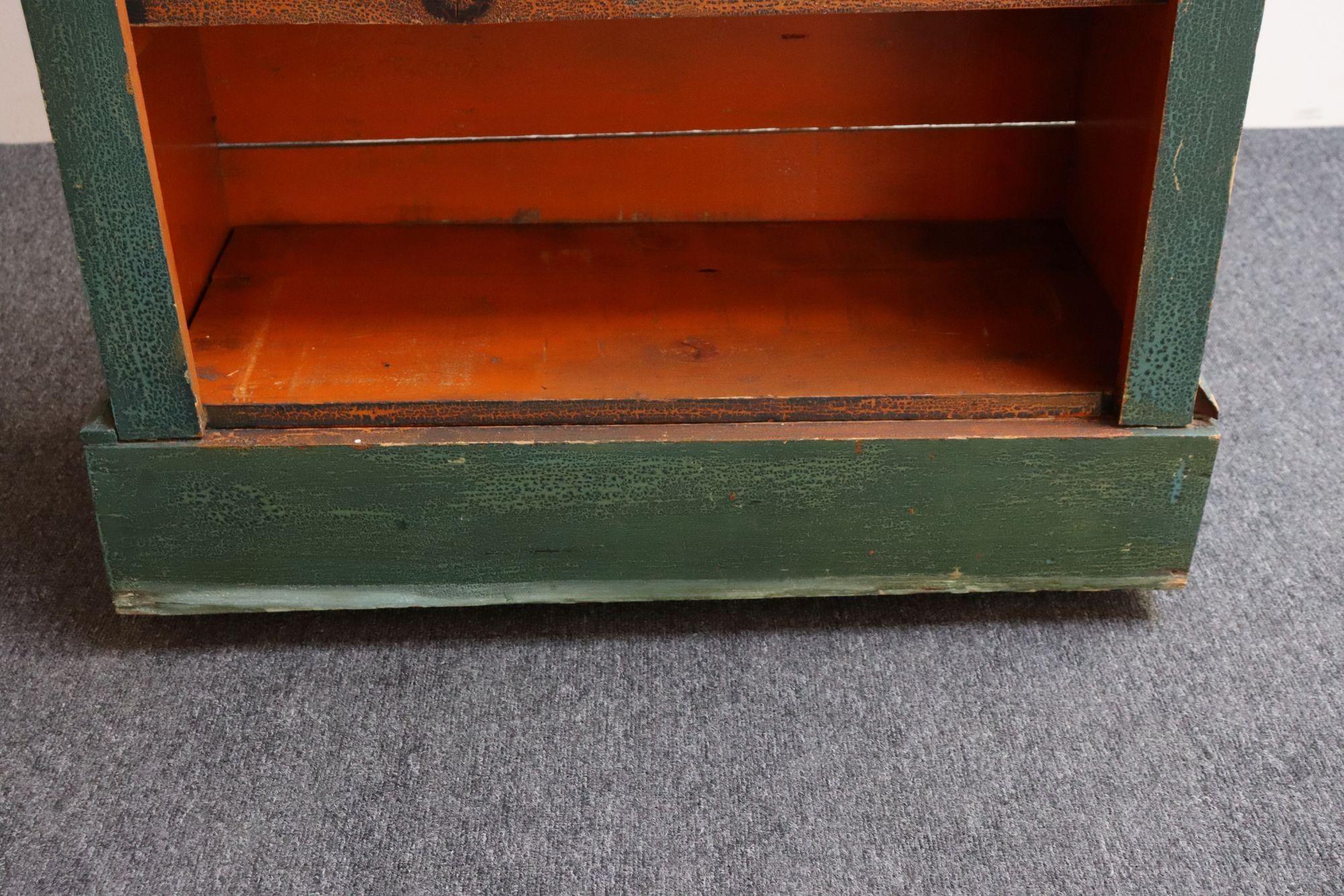 American Folk Art Painted Pine Teal Bookcase on Casters with Removable Shelves For Sale 12