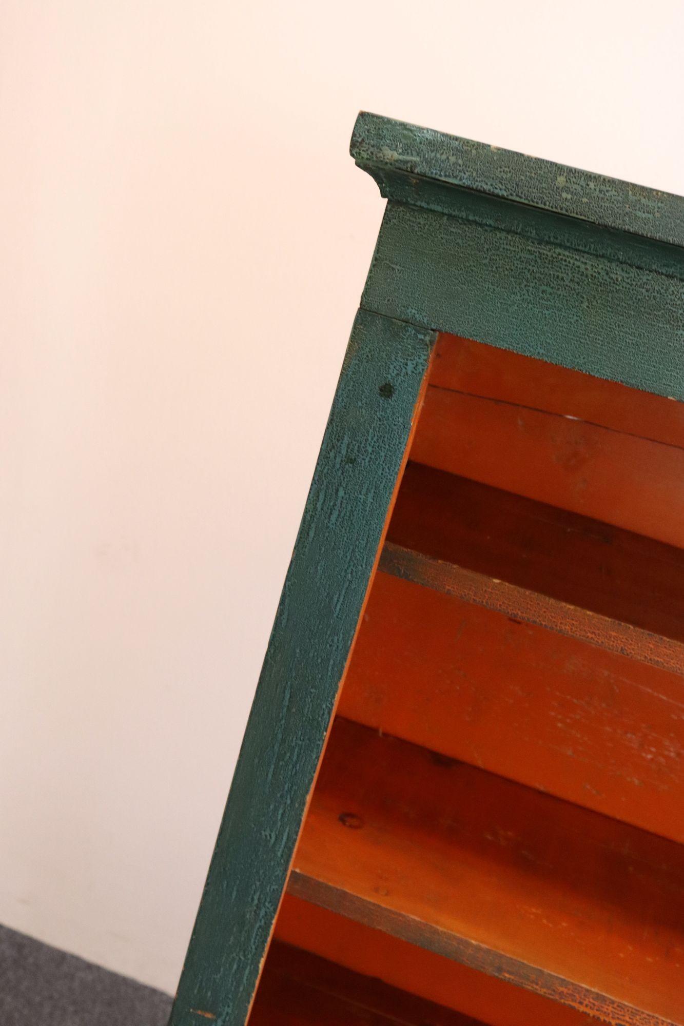 American Folk Art Painted Pine Teal Bookcase on Casters with Removable Shelves For Sale 13
