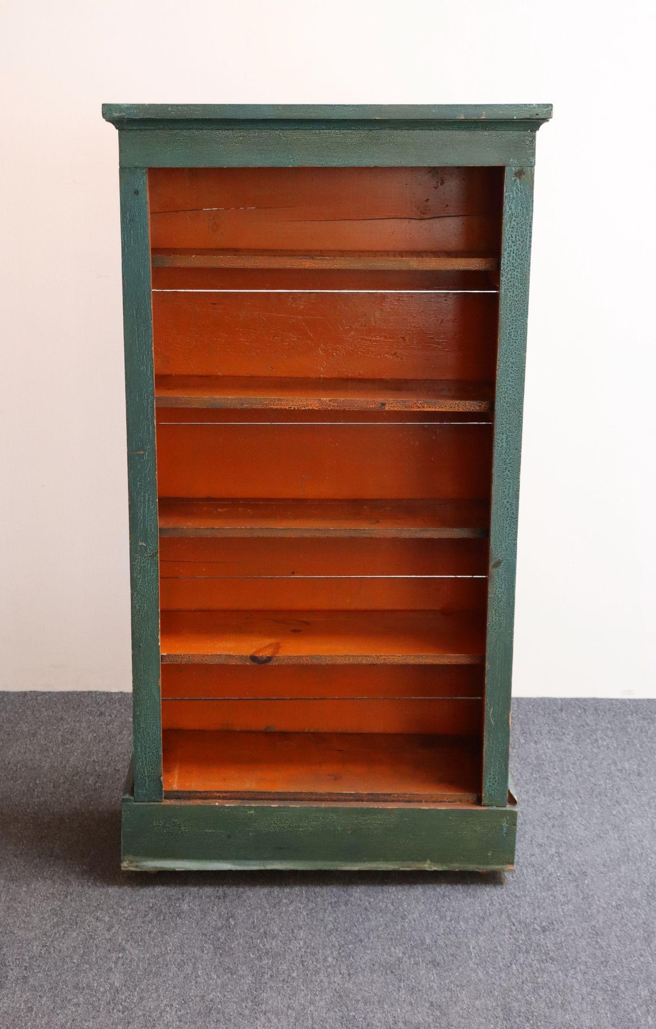 Early 20th Century American Folk Art Painted Pine Teal Bookcase on Casters with Removable Shelves For Sale