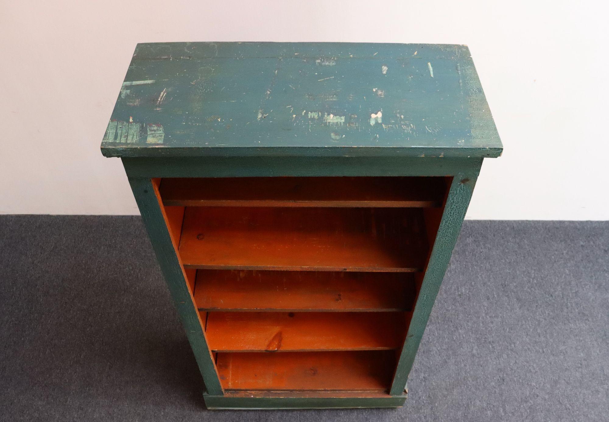 Metal American Folk Art Painted Pine Teal Bookcase on Casters with Removable Shelves For Sale