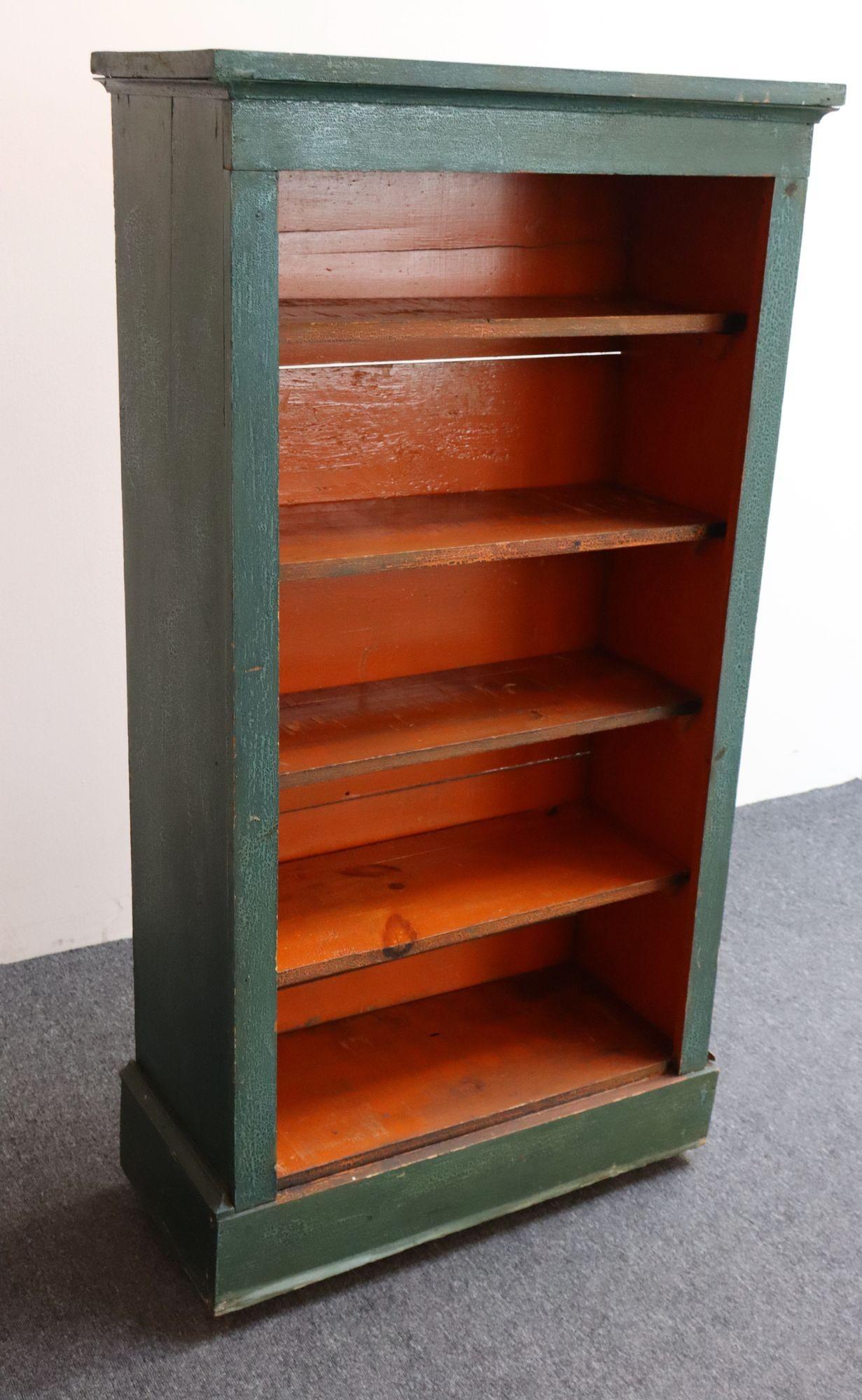 American Folk Art Painted Pine Teal Bookcase on Casters with Removable Shelves For Sale 1