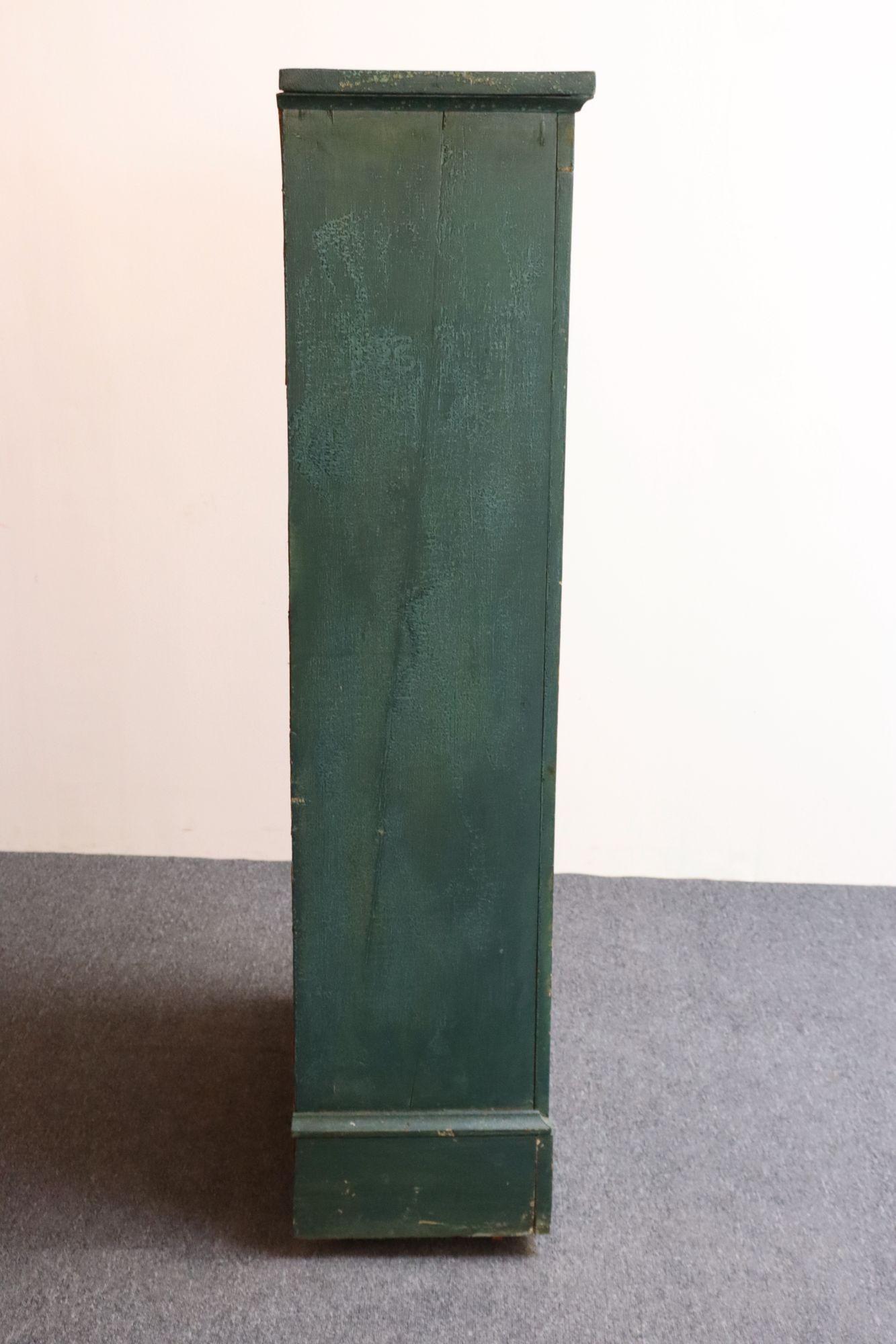 American Folk Art Painted Pine Teal Bookcase on Casters with Removable Shelves For Sale 2