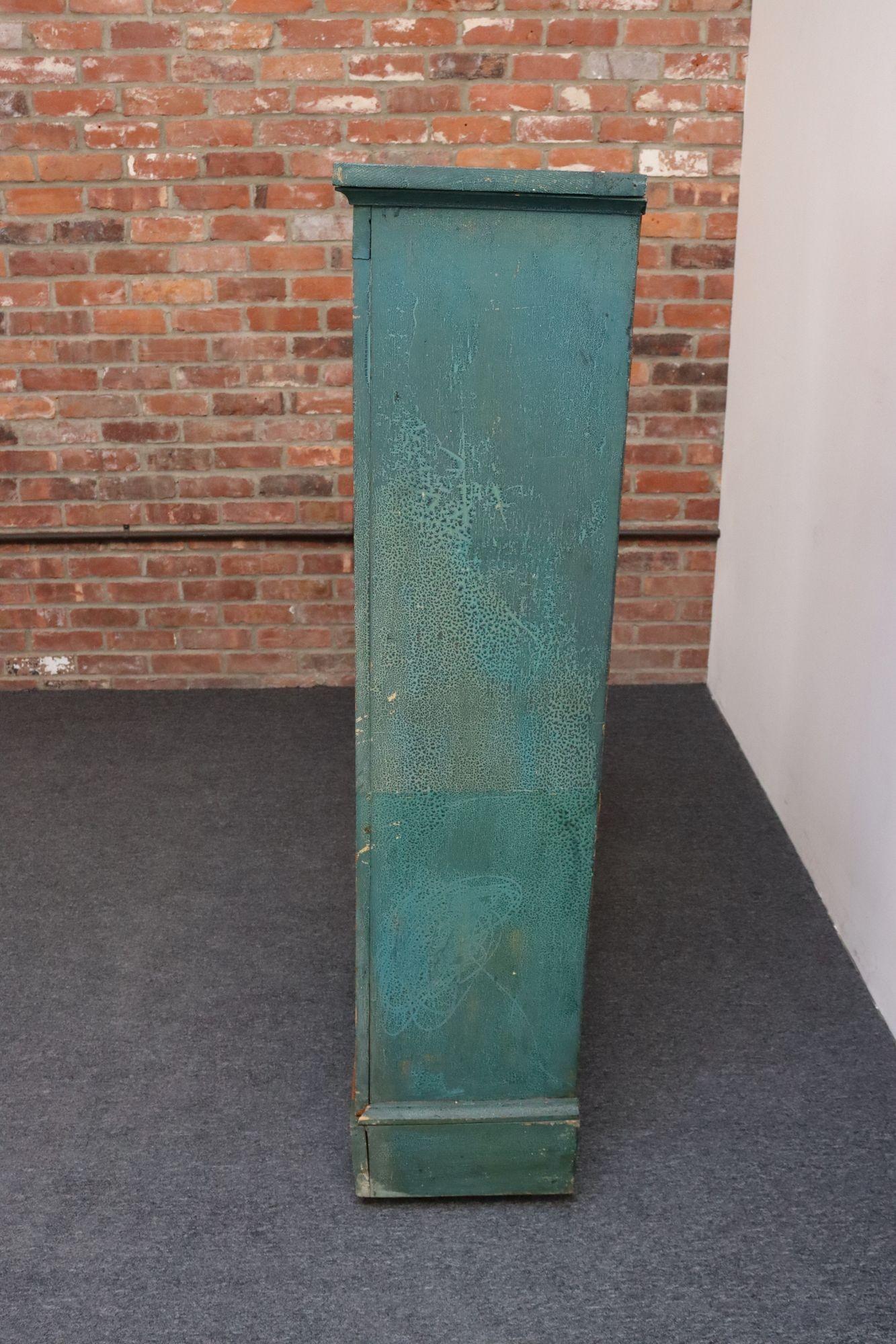 American Folk Art Painted Pine Teal Bookcase on Casters with Removable Shelves For Sale 3