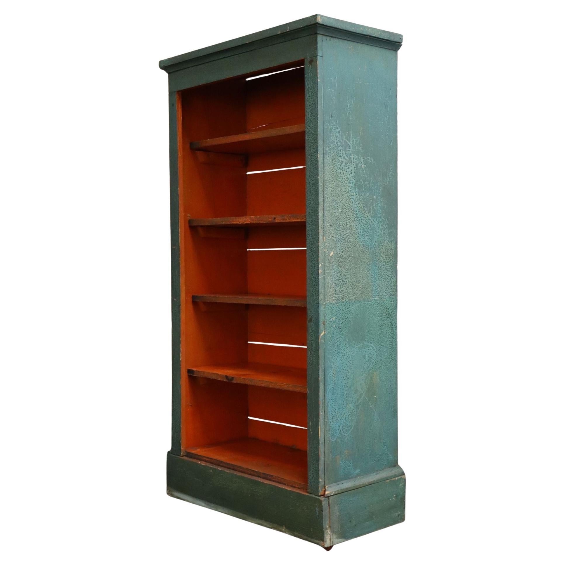 American Folk Art Painted Pine Teal Bookcase on Casters with Removable Shelves For Sale
