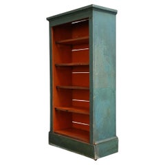 Antique American Folk Art Painted Pine Teal Bookcase on Casters with Removable Shelves