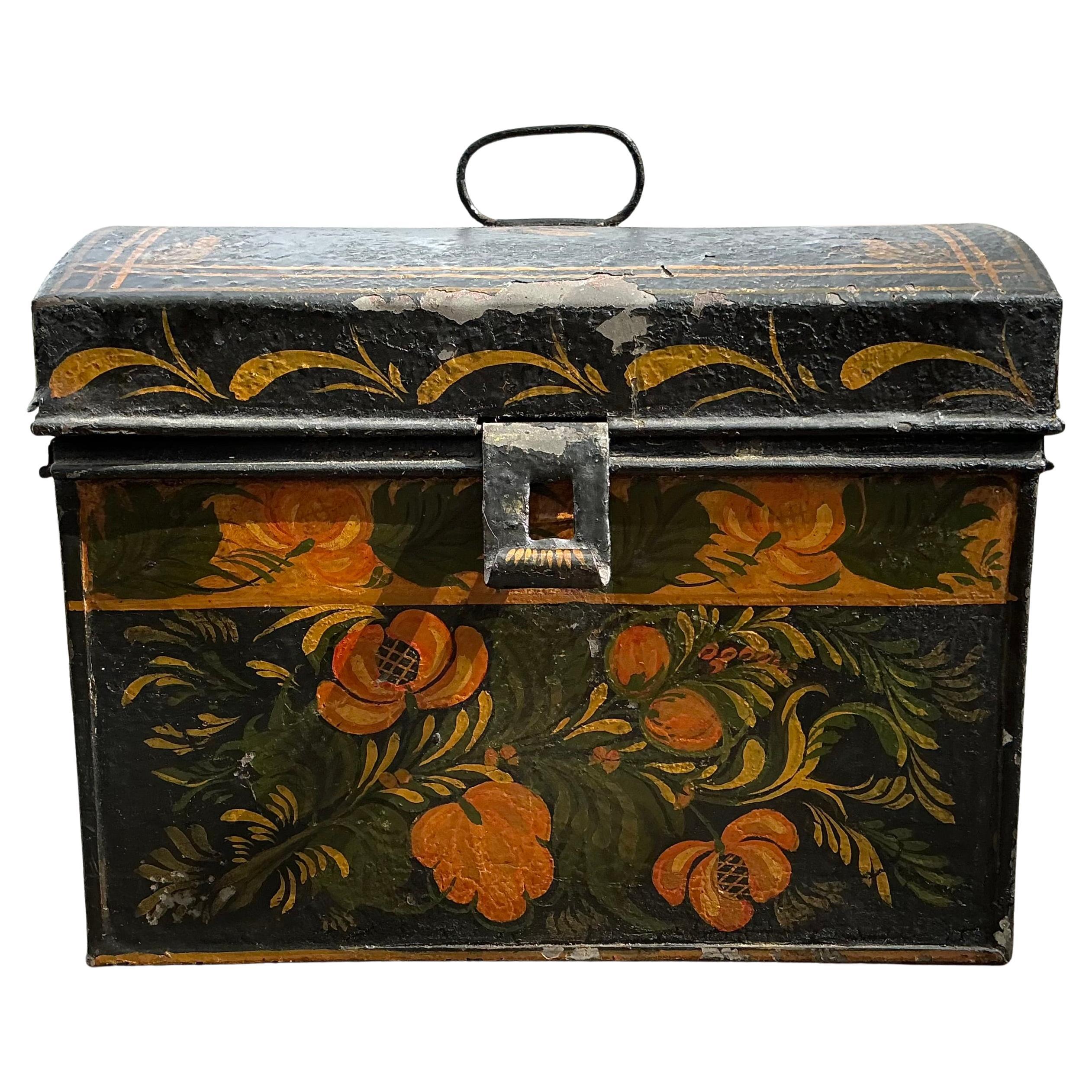 Boîte en fer-blanc peinte d
art populaire américain