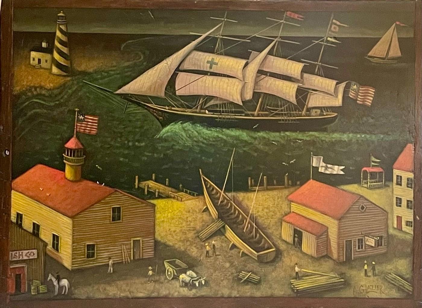 American folk art painting by Pennsylvania Artist, Arthur Glazier (1928-2015).

Most charming nautical Folk Art painting pictures a New England harbor scene.
The details are beautifully observed and masterfully executed. This signed Arthur