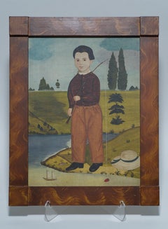 American Folk Art Painting of a Fishing Boy in Painted Wood Frame