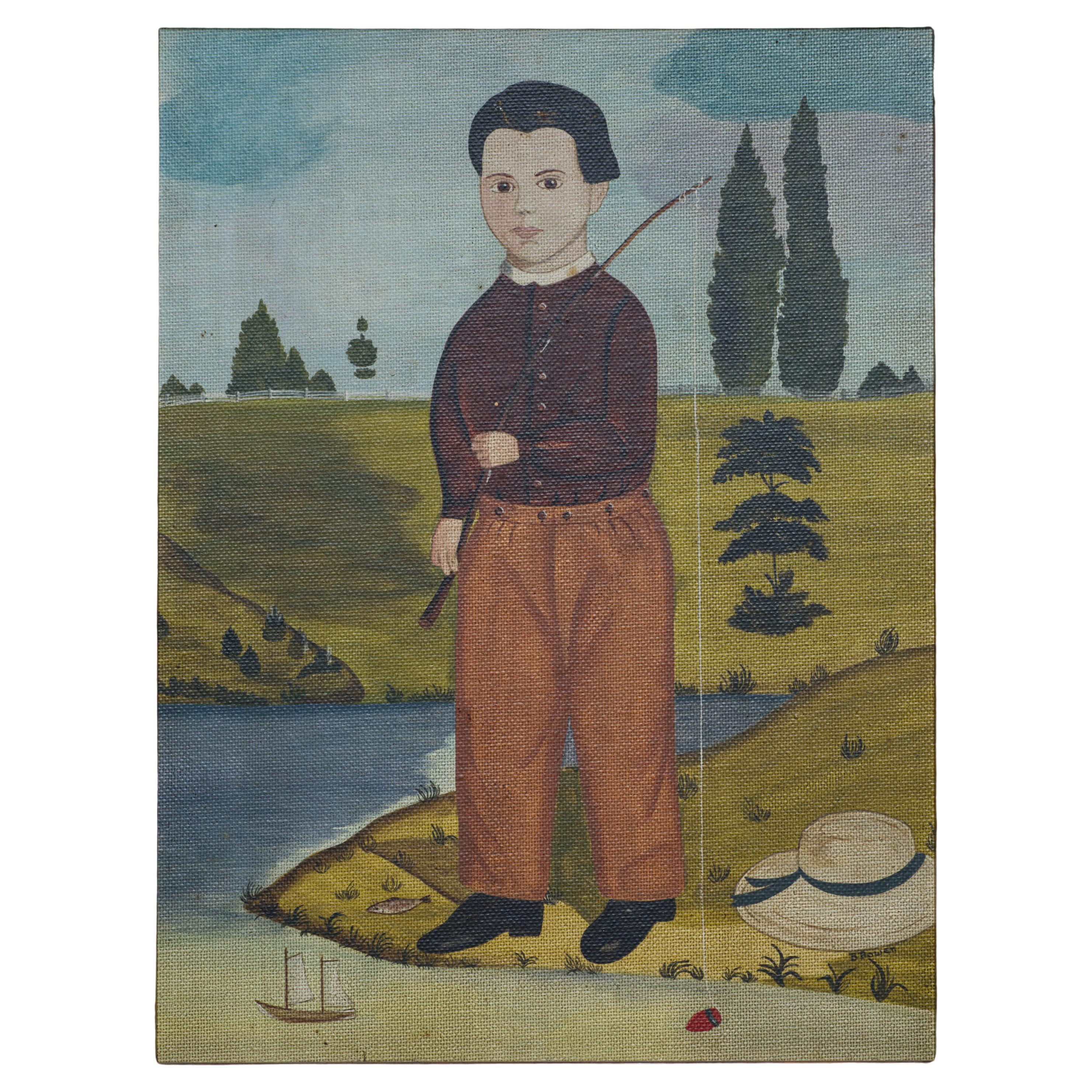 American Folk Art Painting of a Fishing Boy in Painted Wood Frame