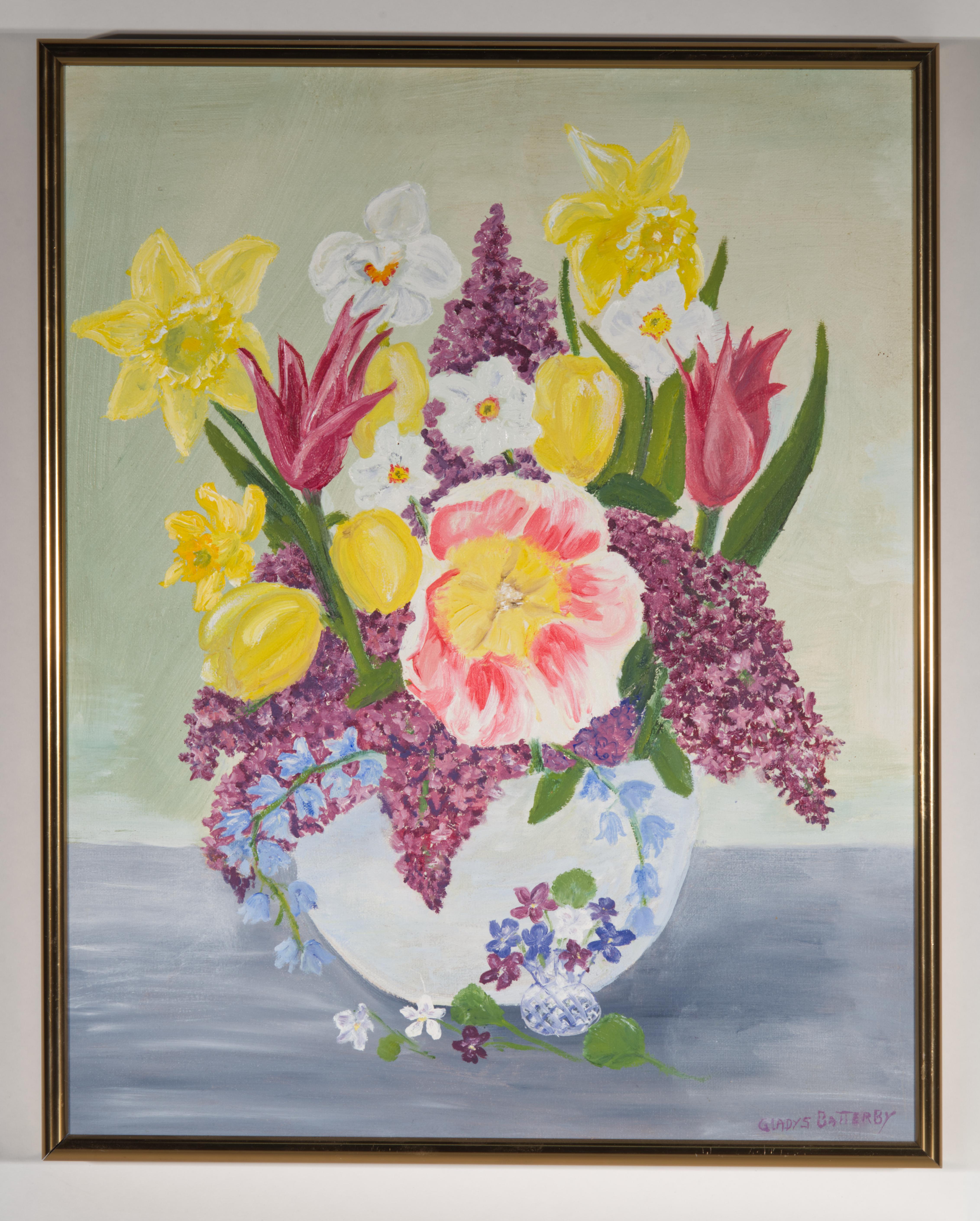 Vintage still life painting features a large vase with bouquet of spring flowers, including lilacs, narcissi, tulips, and a peony, with a small flower posy placed next to it. Charming Folk Art style of the painting emphasizes the seasonal interests