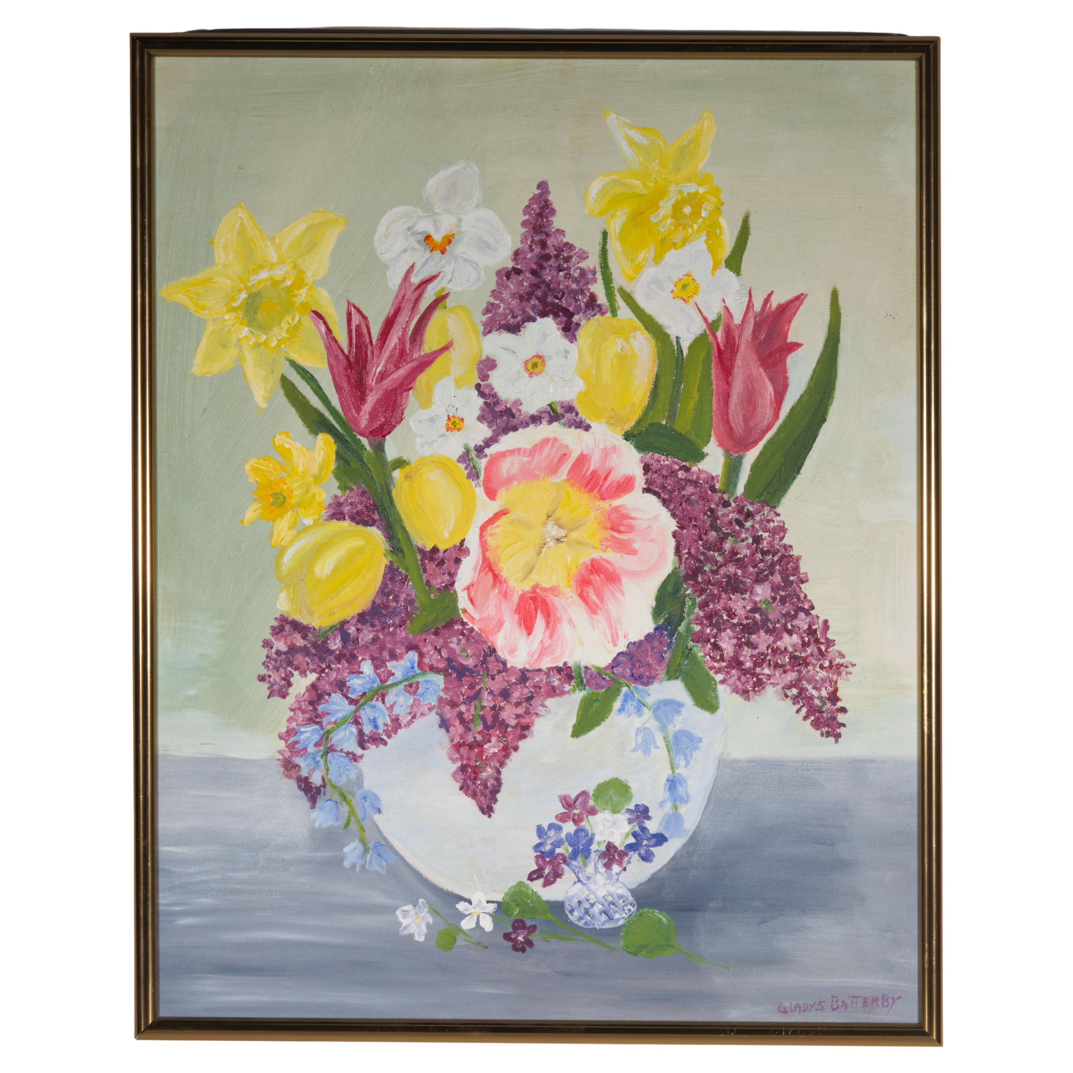 American Folk Art Painting, Still Life with Flowers, Naive Art