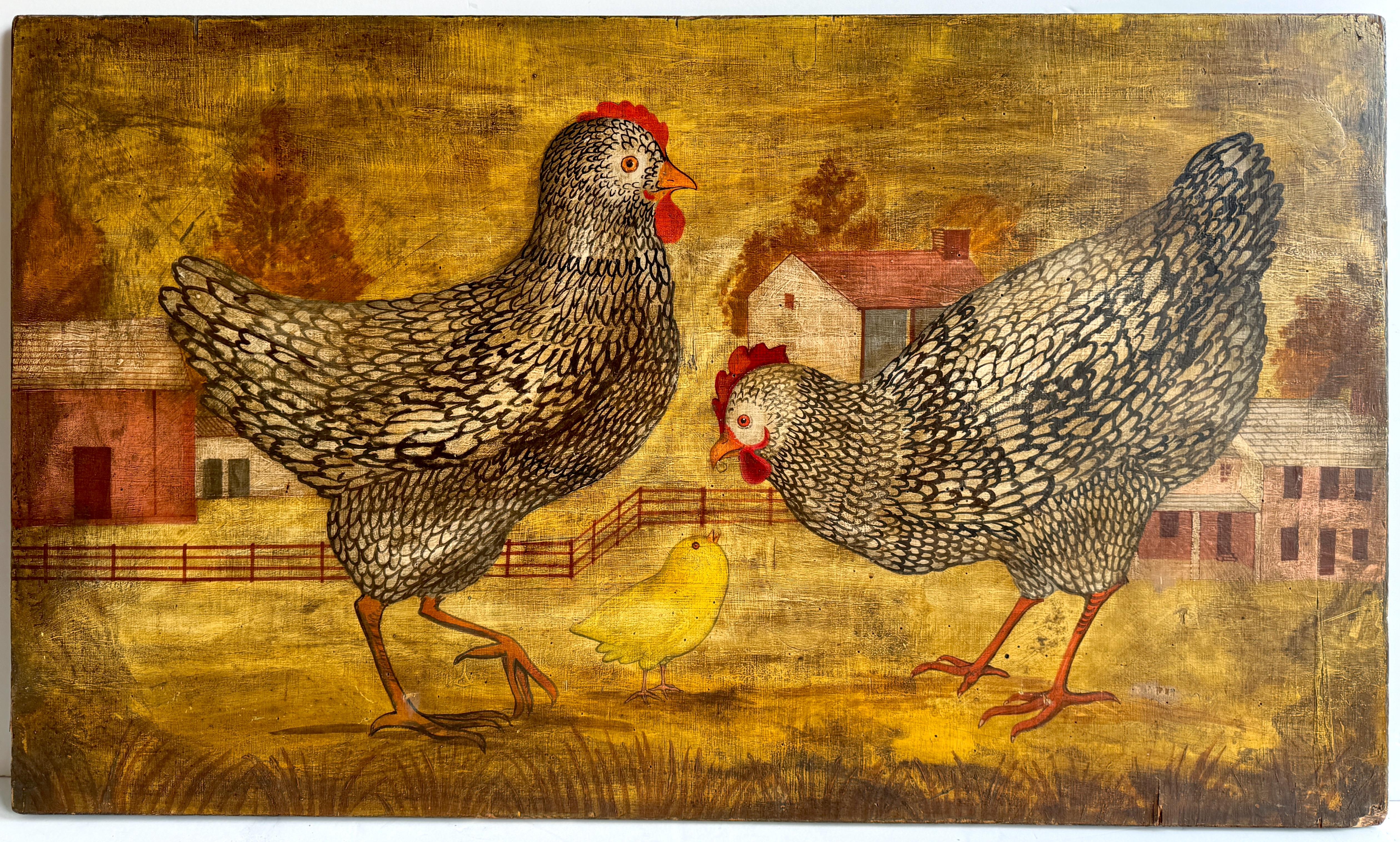 American folk art painting of chickens in a farm landscape, signed 'Horiz'
USA, 20th century 

A captivating American folk art painting depicting chickens in a picturesque farm landscape, signed by the artist 'Horiz'. This rectangular painting