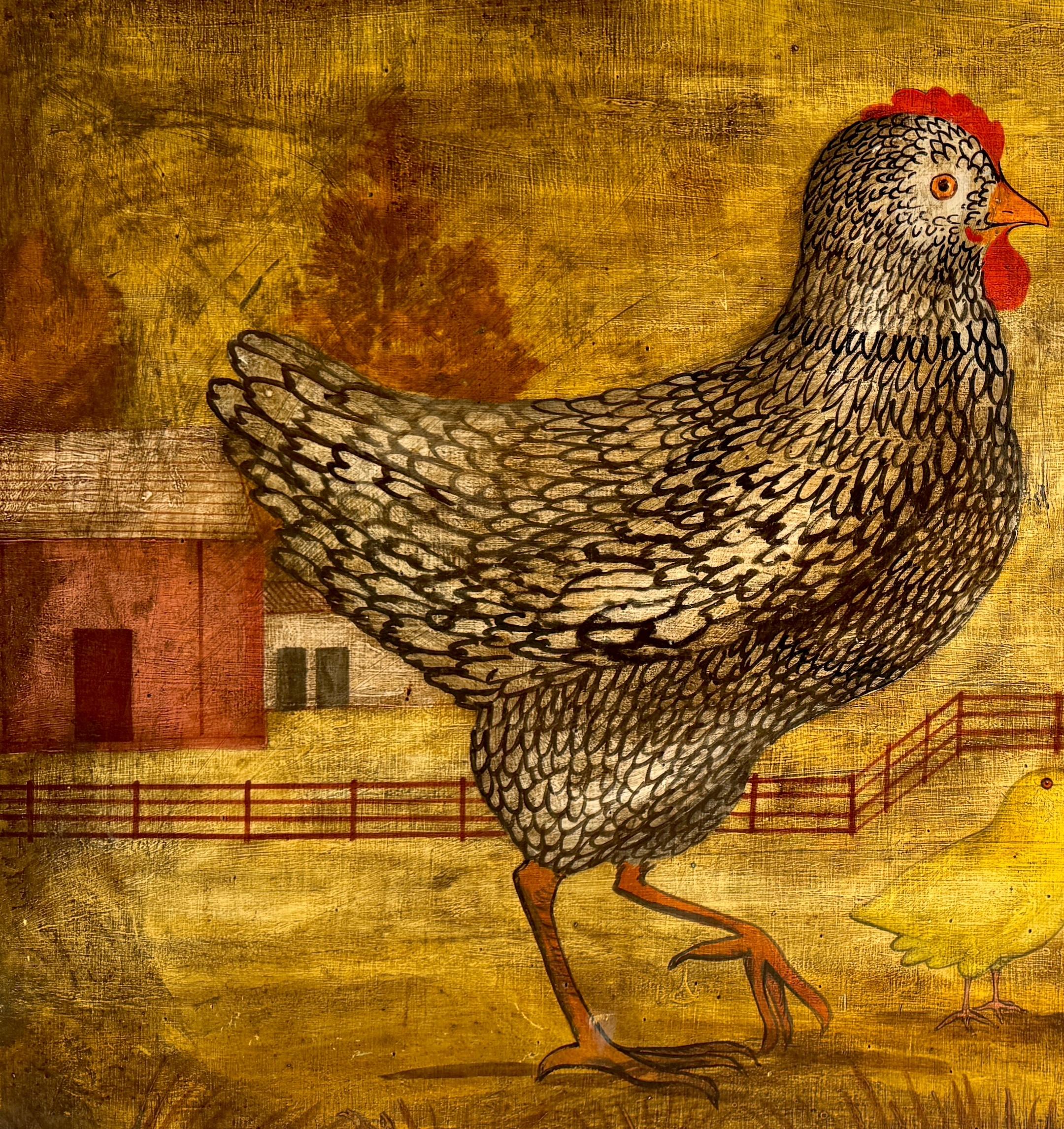 Hand-Painted American Folk Art paintings of Chickens in Farm Landscape, signed 'Horiz' For Sale
