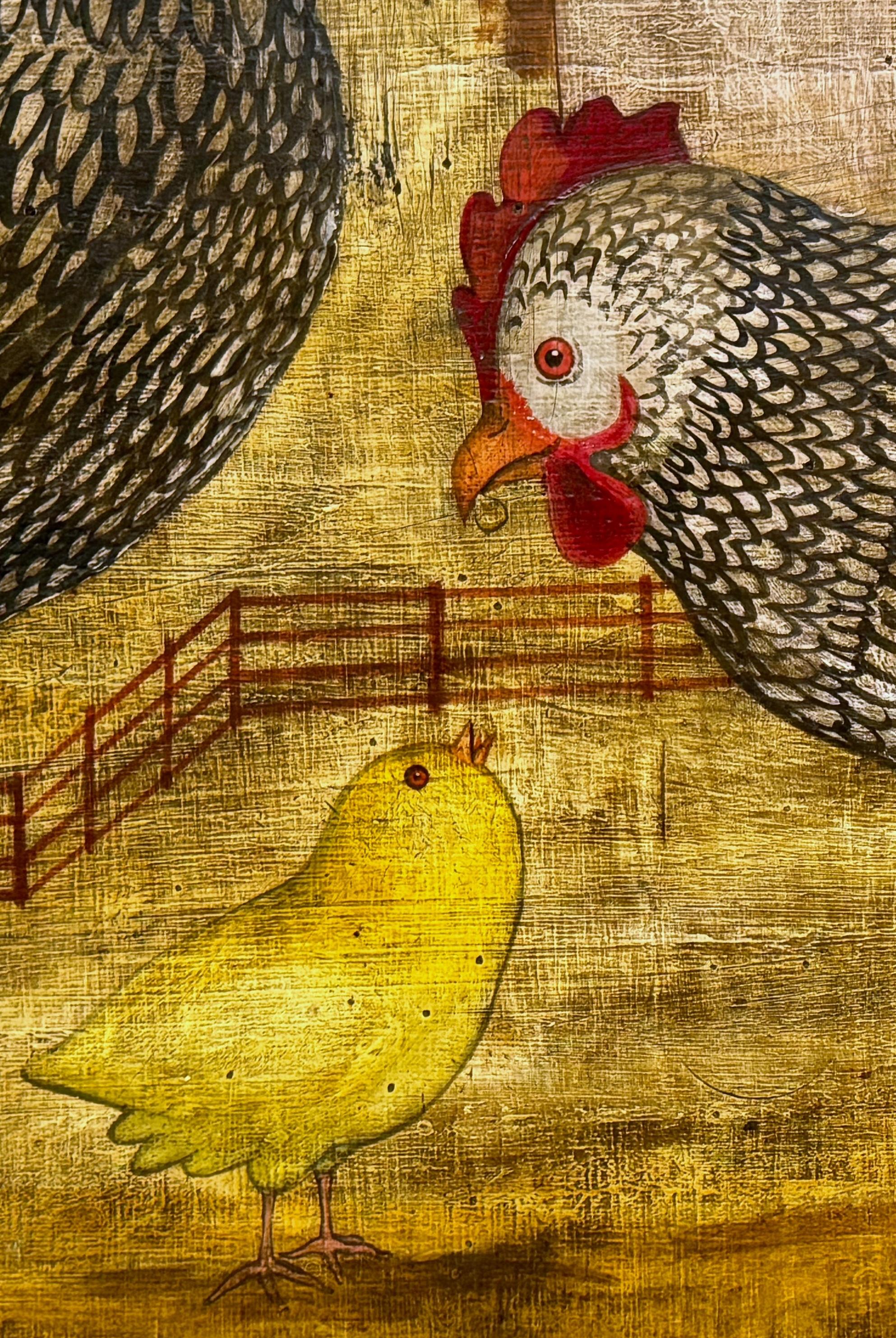 American Folk Art paintings of Chickens in Farm Landscape, signed 'Horiz' In Good Condition For Sale In West Palm Beach, FL